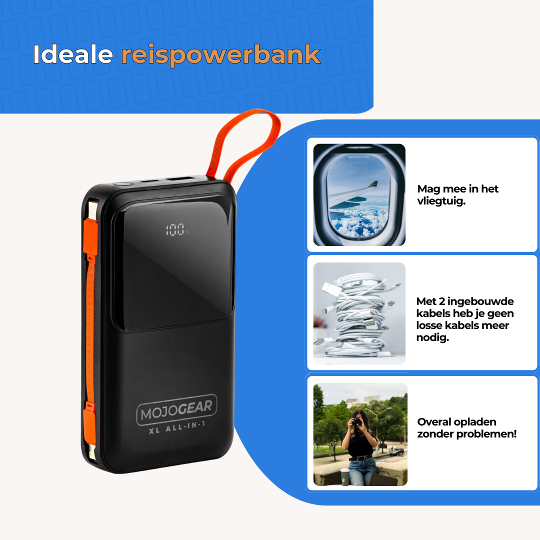 Een zwarte powerbank met oranje accenten en tekst, met afbeeldingen van een vliegtuig, kabels en een persoon.