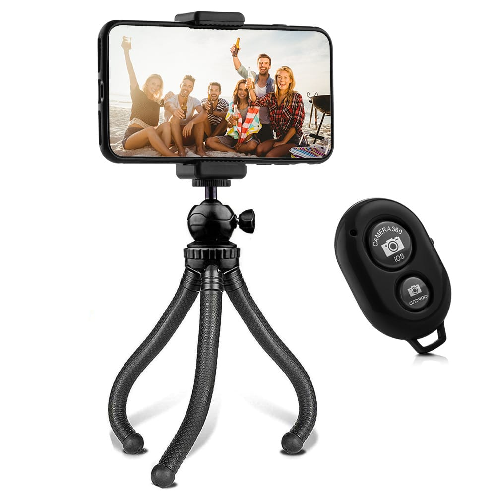 Smartphone on a flexible tripod with a remote control. People are on the phone's screen, holding drinks.