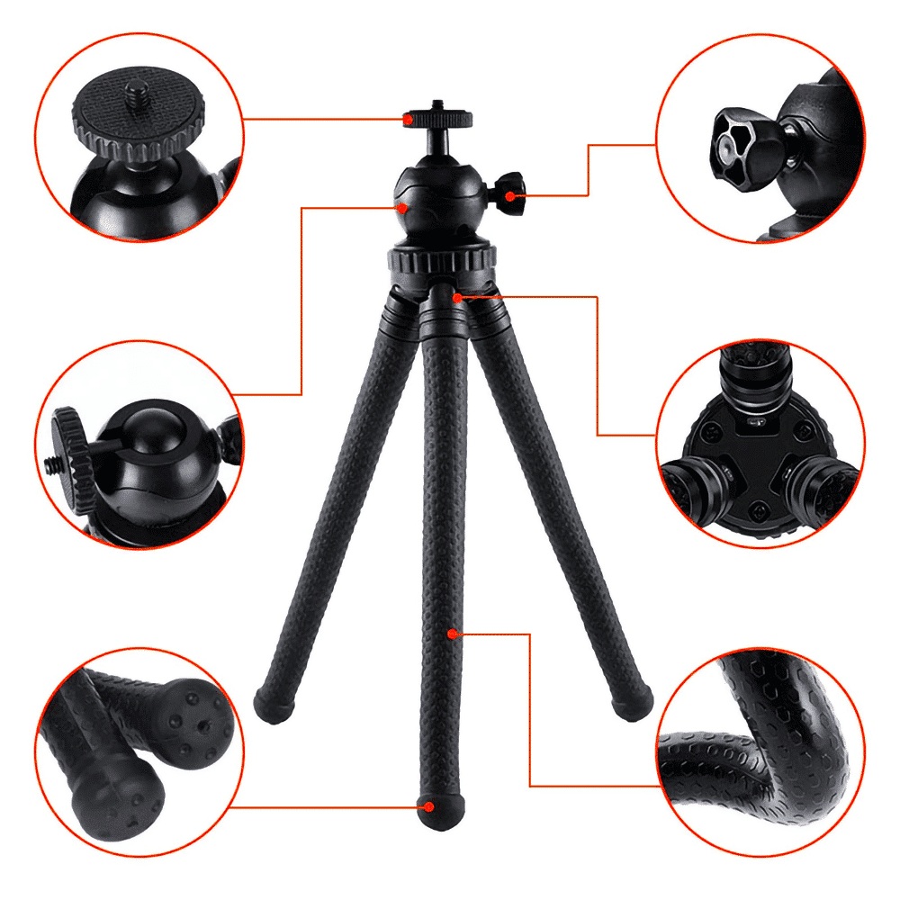 Black tripod with flexible legs, with close-ups of various parts and components.