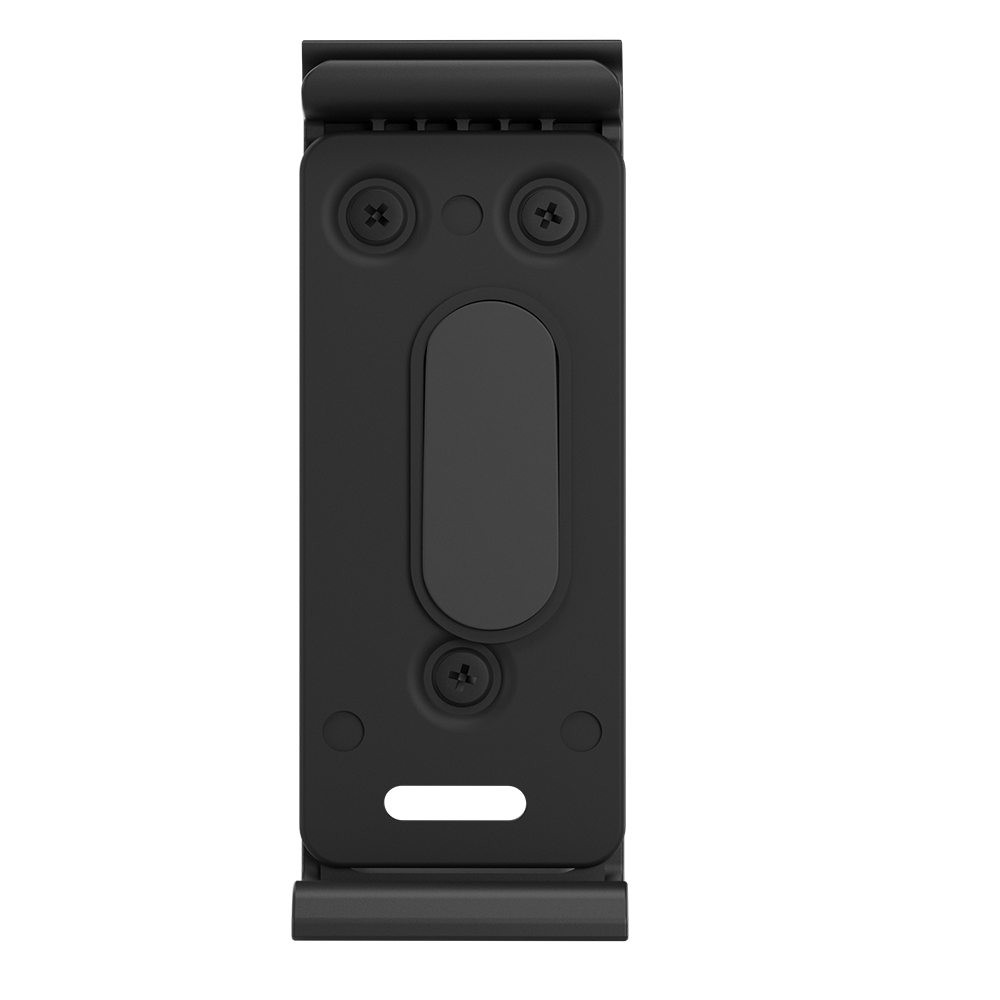 Zwarte telefoonhouder. Het heeft schroeven, een knop en een sleuf, op een witte achtergrond.