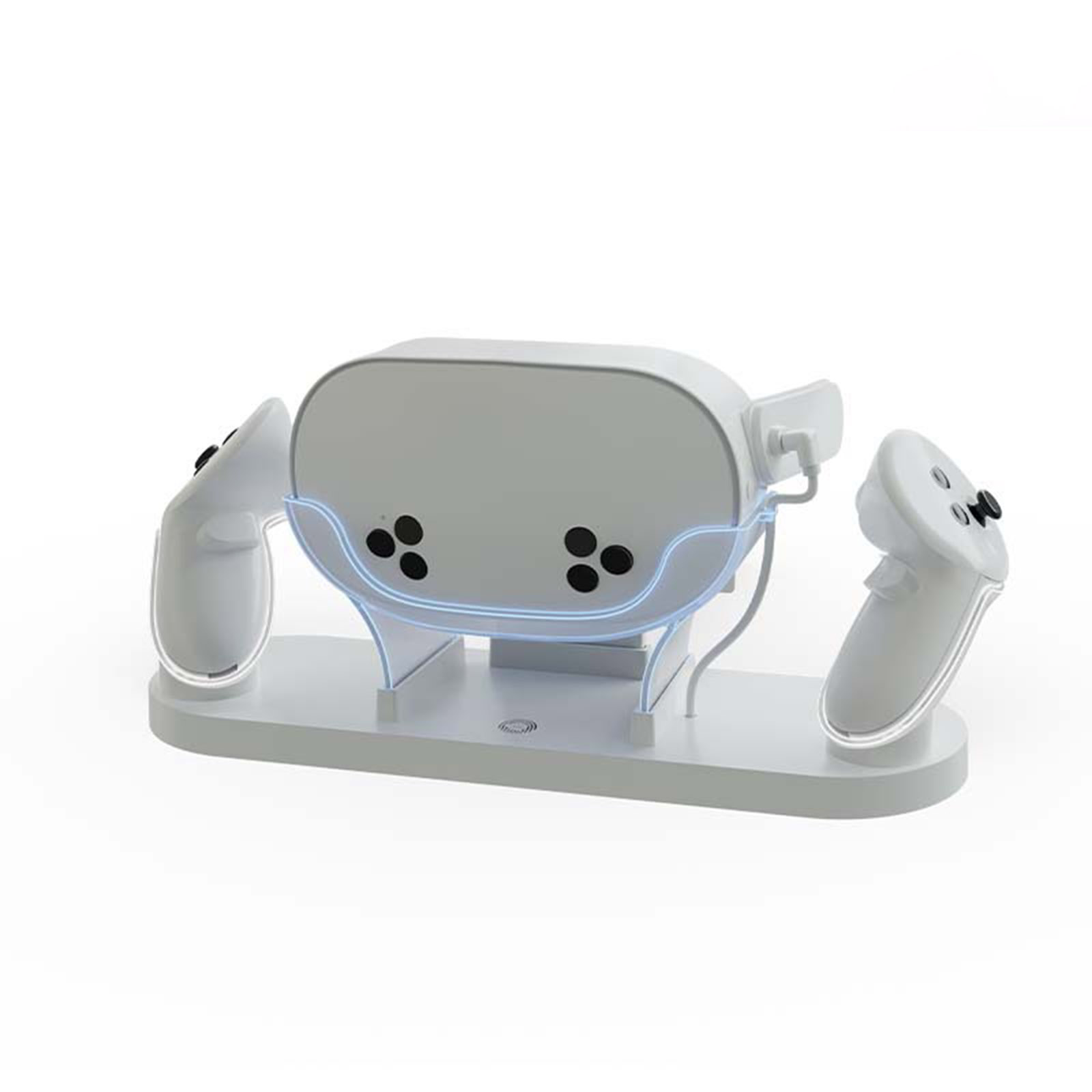 Weißes VR-Headset und Controller auf einer Ladestation, mit blauem Licht und weißem Hintergrund.