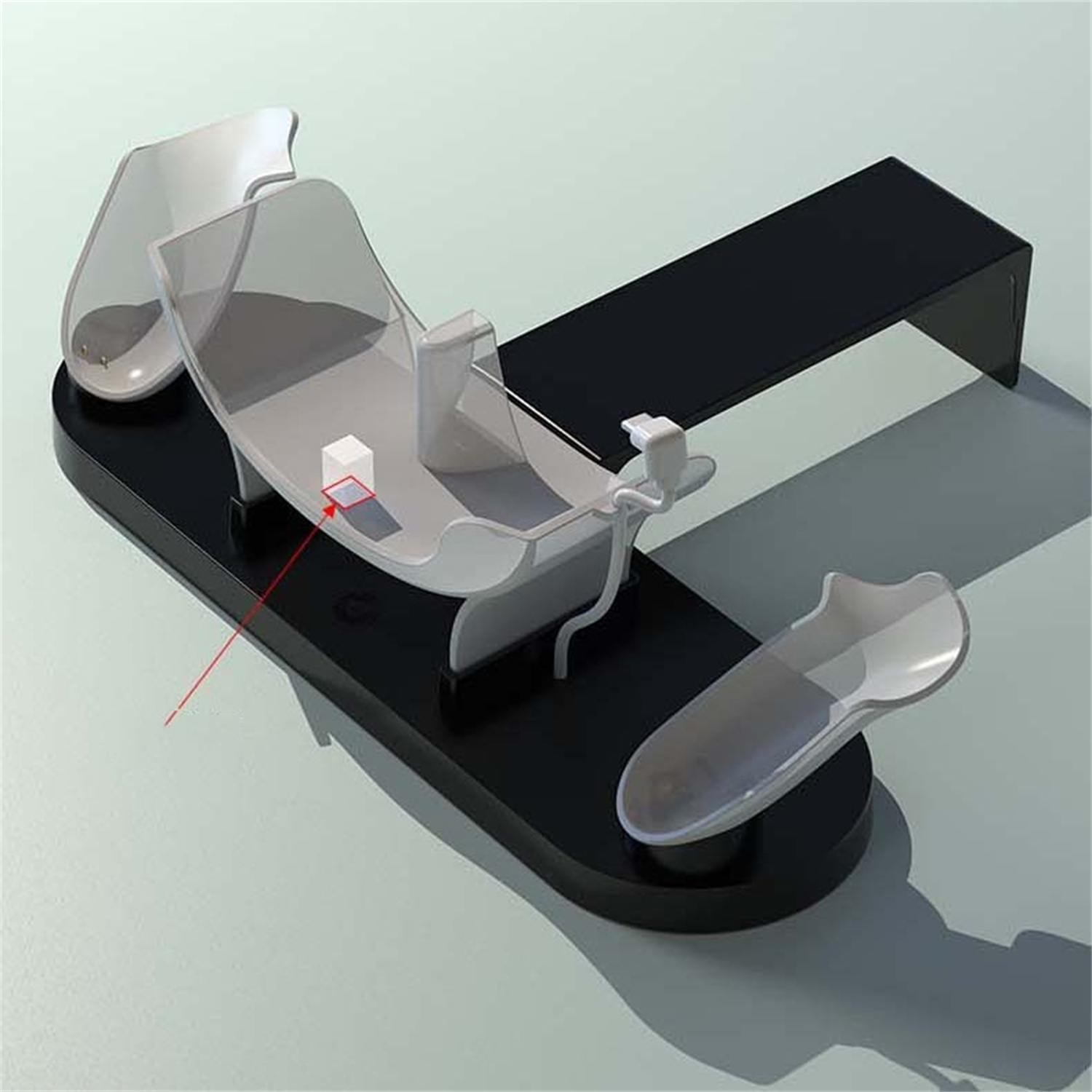 Ein Design eines weiß-schwarzen Objekts mit einem roten Pfeil, der auf einen kleinen Würfel zeigt.
