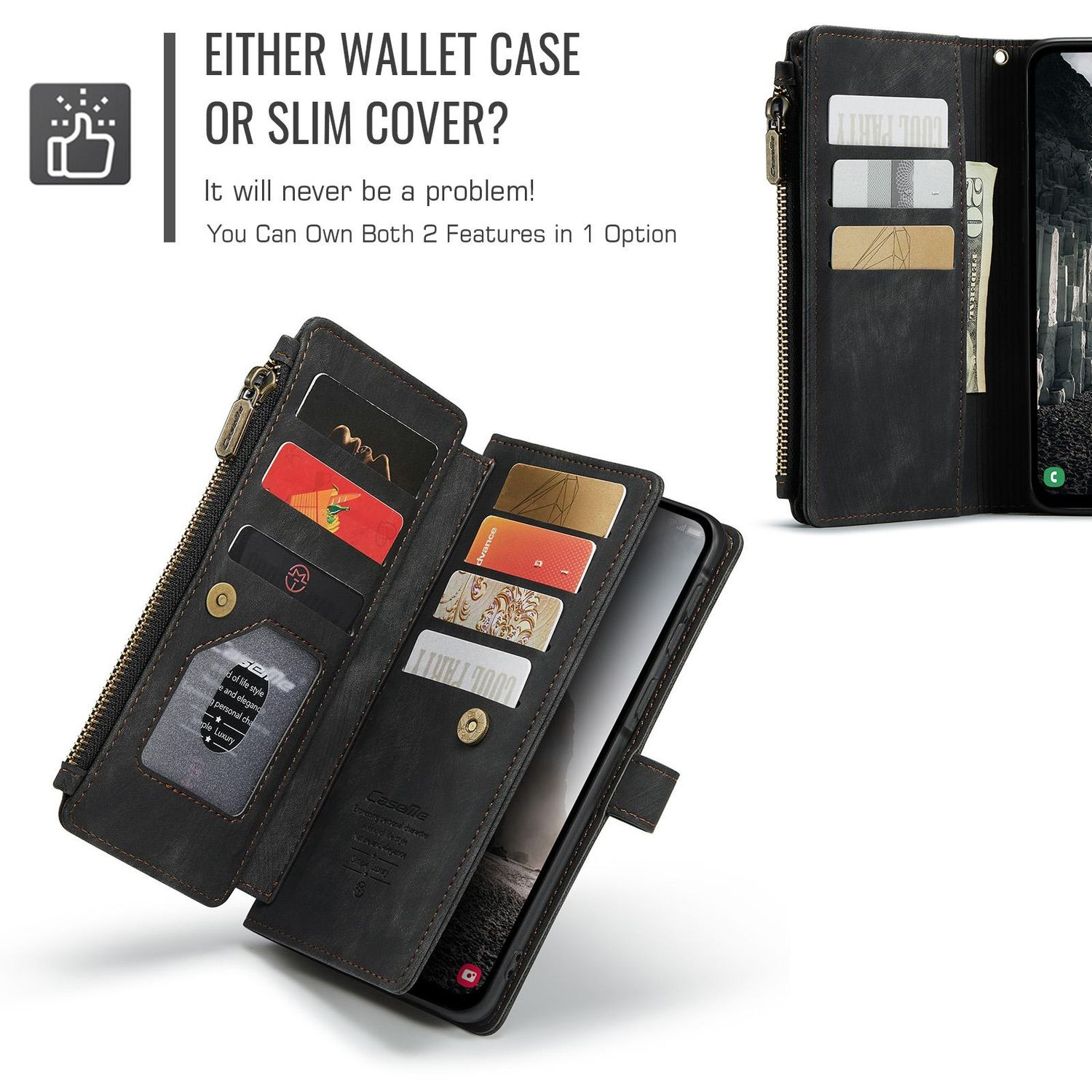 Schwarze Brieftaschen-Handyhülle, geöffnet zur Anzeige von Karten und Telefon.