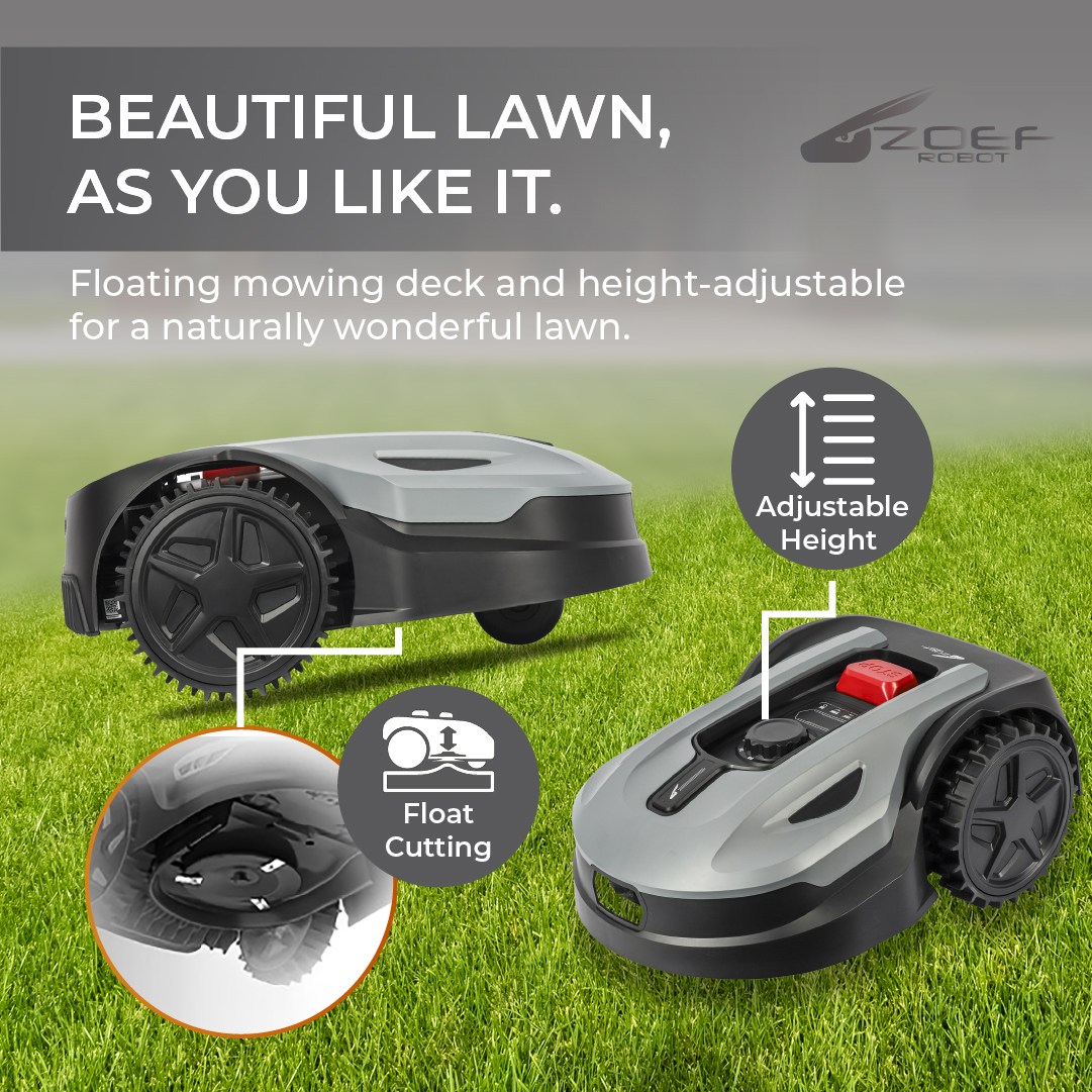 Twee robotmaaiers op gras. Kenmerken: zwevend maaien, in hoogte verstelbaar.