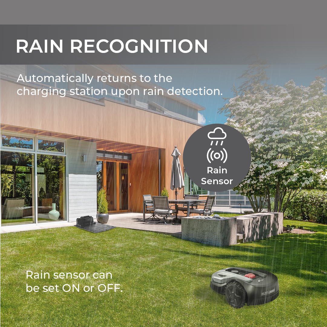 Een robotmaaier op een groen gazon, pictogram van een regensensor en tekst 'Rain Recognition'.