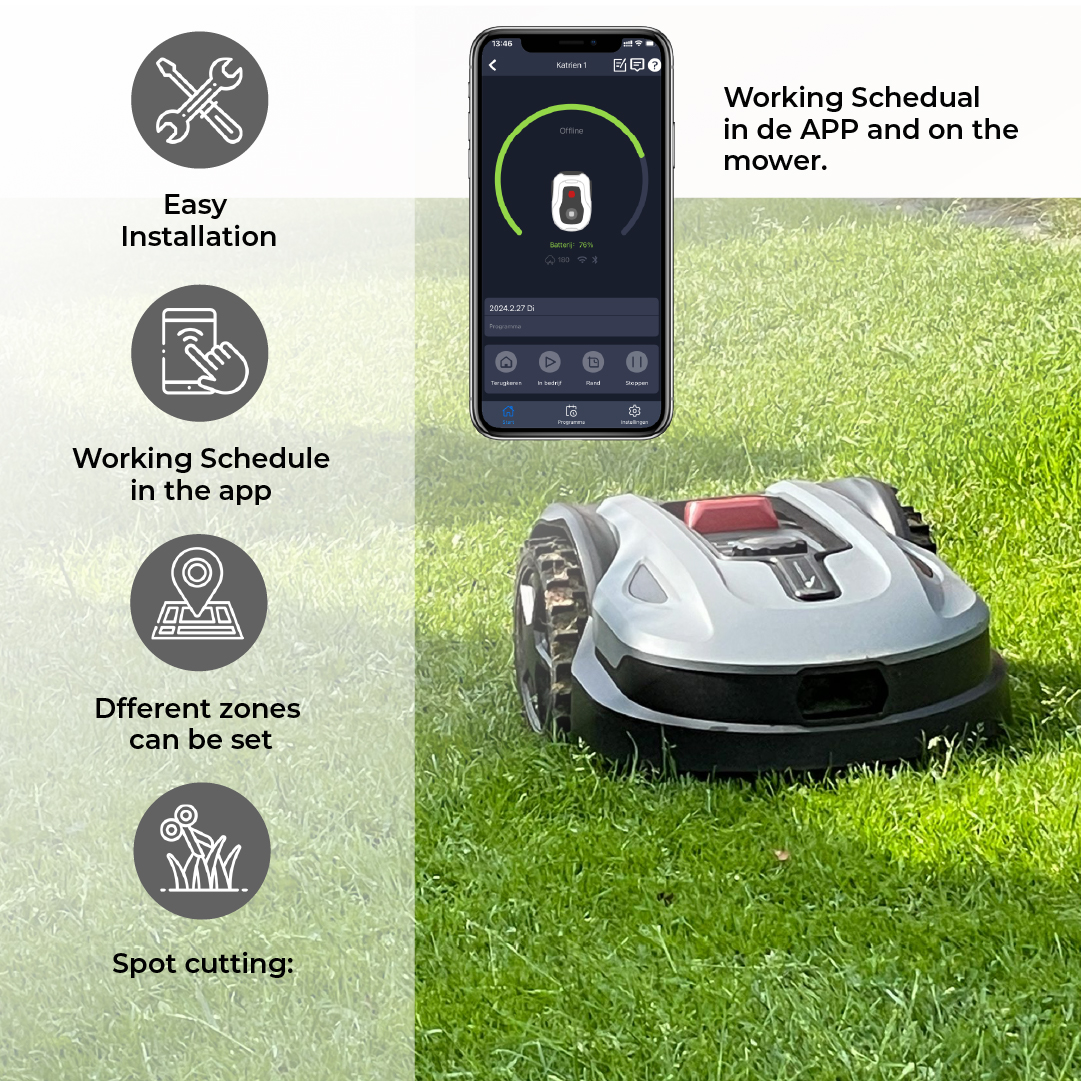 Robotmaaier op gras, telefoonapp-interface in beeld. Tekst: 'Werkschema in de app'.