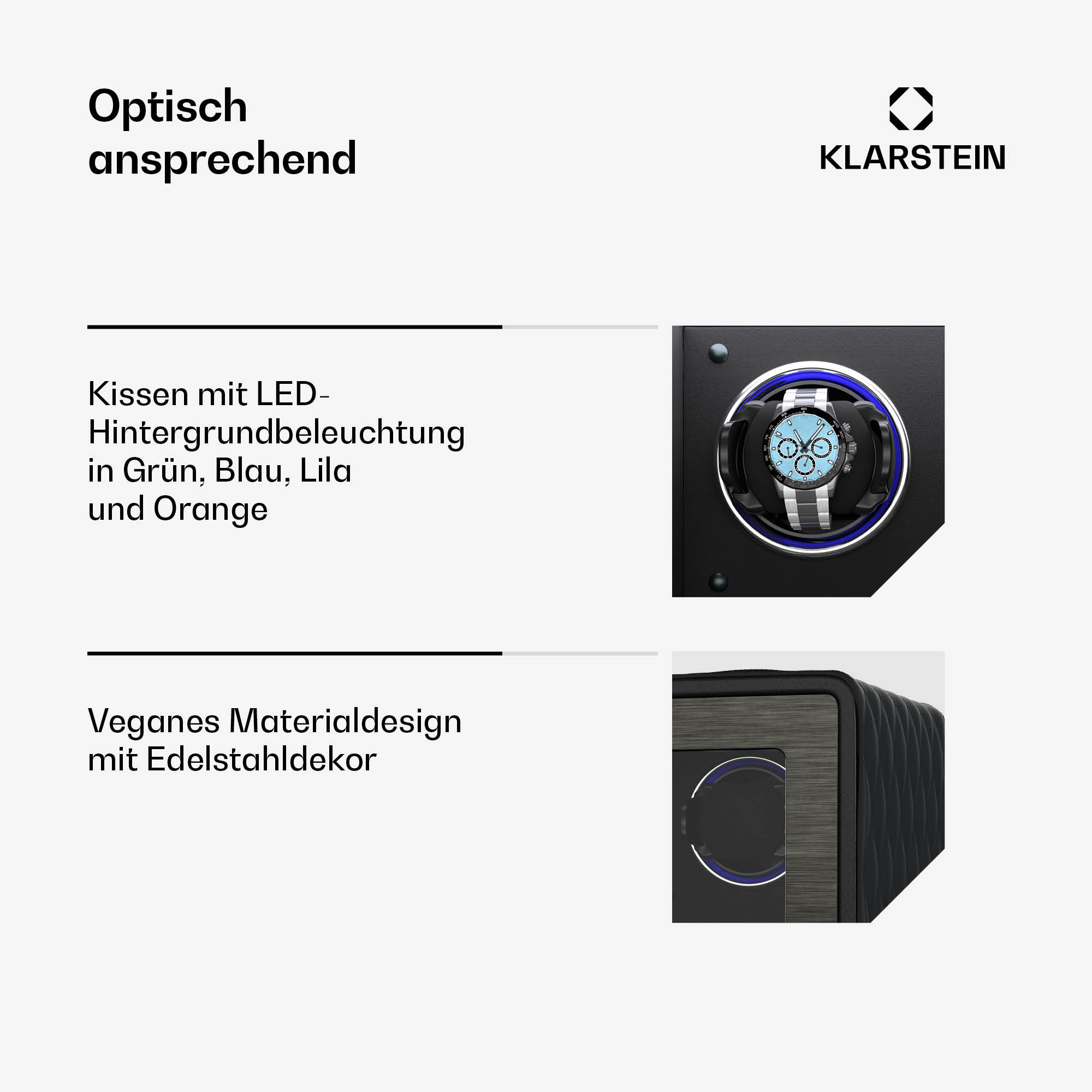 Uhrenbeweger mit blauen, grünen, lila und orangefarbenen Lichtakzenten. Veganes Materialdesign mit Edelstahldekor.
