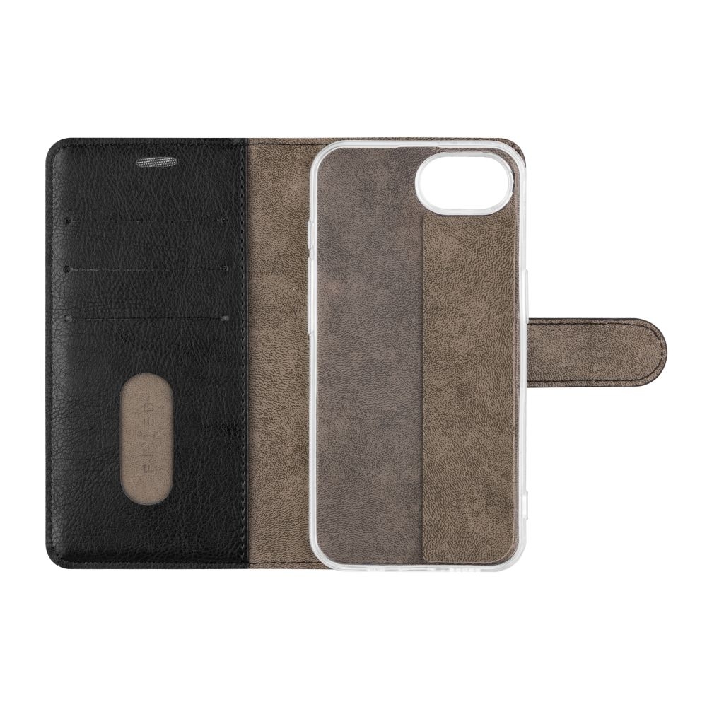 Geöffnete schwarze Handyhülle mit braunem Innenraum und transparentem Telefonhalter.