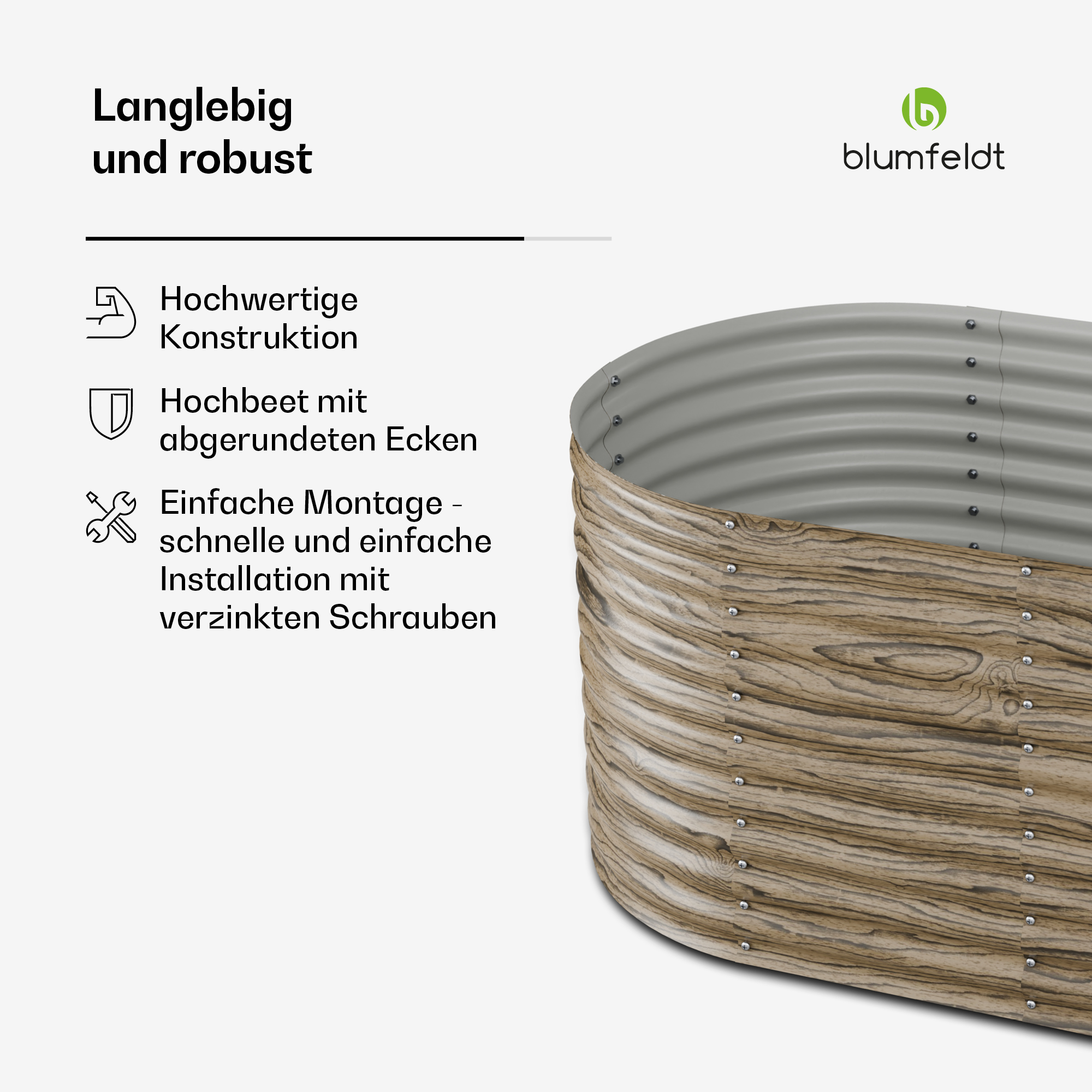 Hochbeet mit Holz-Design. Text: Langlebig und robust, hochwertige Konstruktion. Weißer Hintergrund.