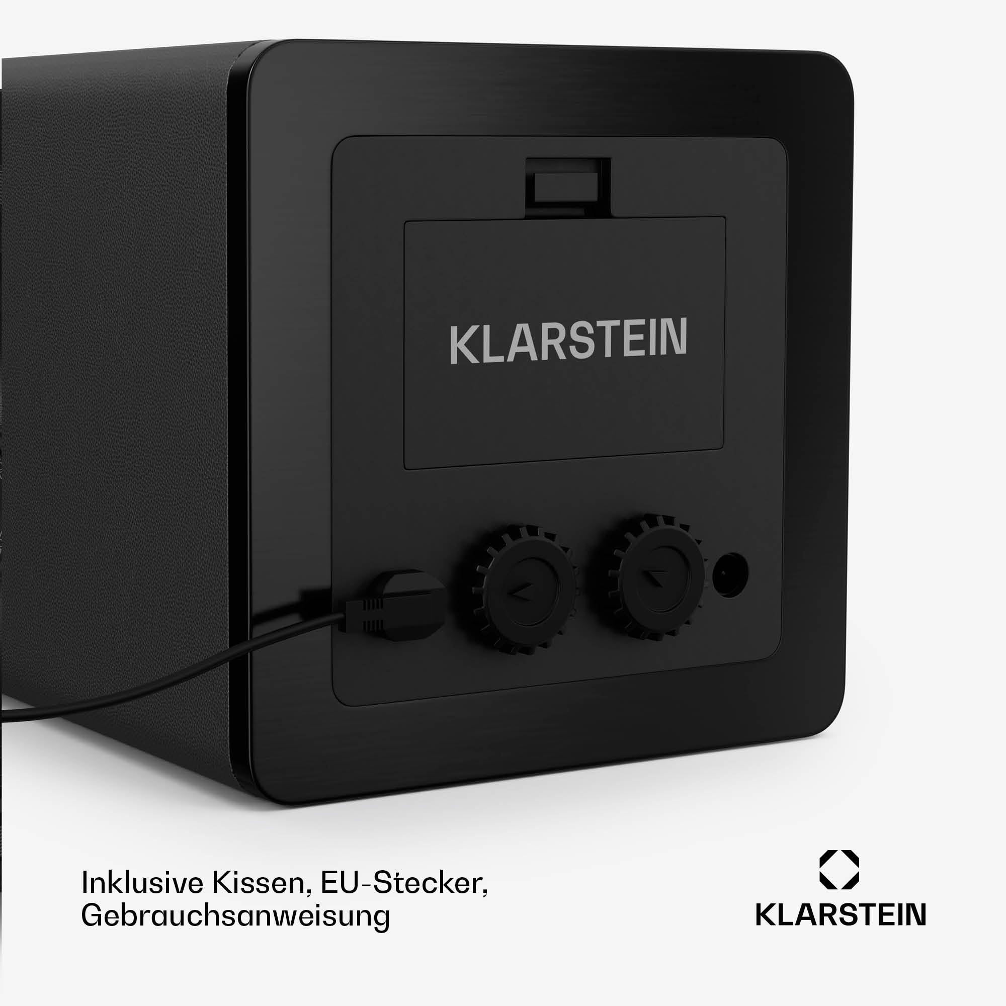Ein schwarzer Uhrenbeweger. Er hat zwei Zifferblätter, einen Stromeingang und den Markennamen 'Klarstein'.