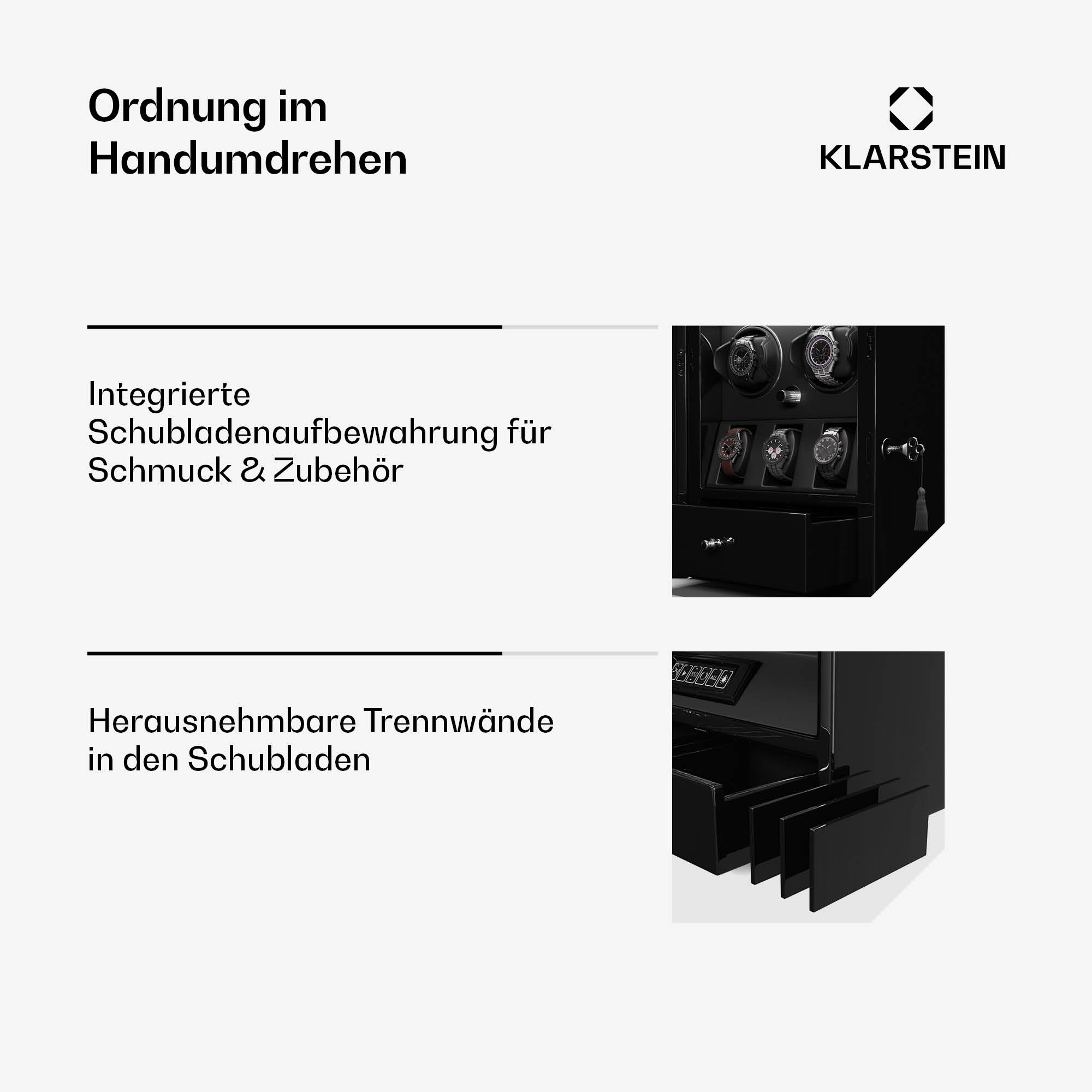 Eine Illustration einer schwarzen Schmuckschatulle mit Schubladen. Die Oberseite zeigt Uhren, die Unterseite zeigt Trennwände.