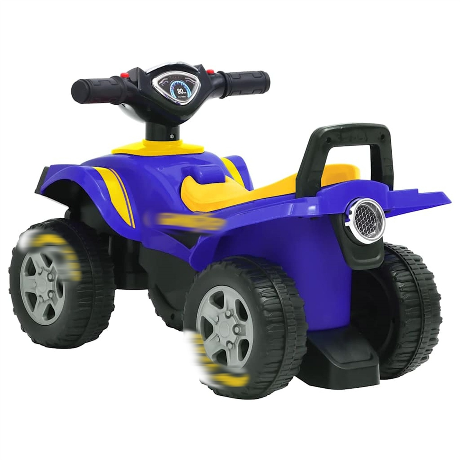 Ein blau-gelbes Spielzeug-ATV mit schwarzem Sitz und Lenker. Die Räder sind in Bewegung.