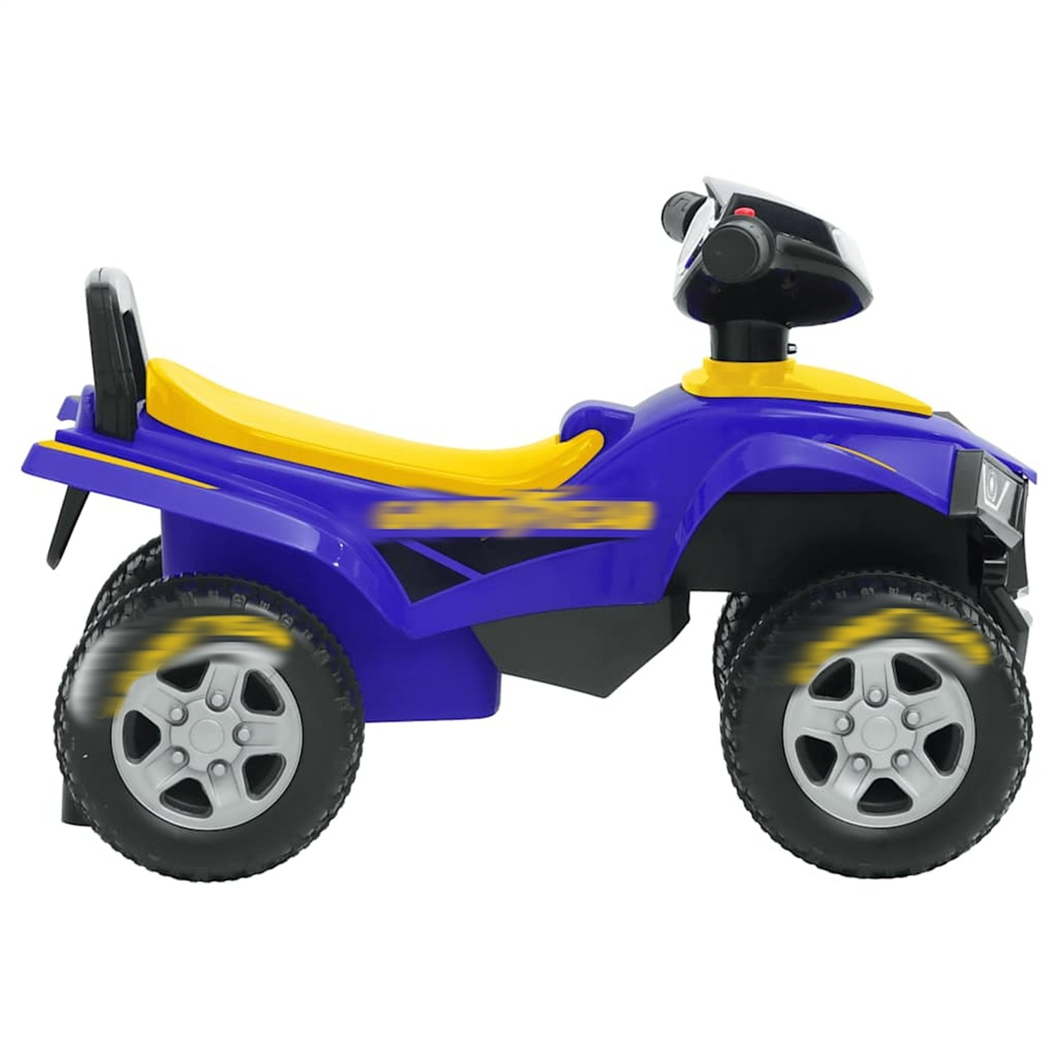 Ein blau-gelbes ATV-Spielzeug. Es hat vier schwarze Räder und einen schwarzen Sitz und Lenker.