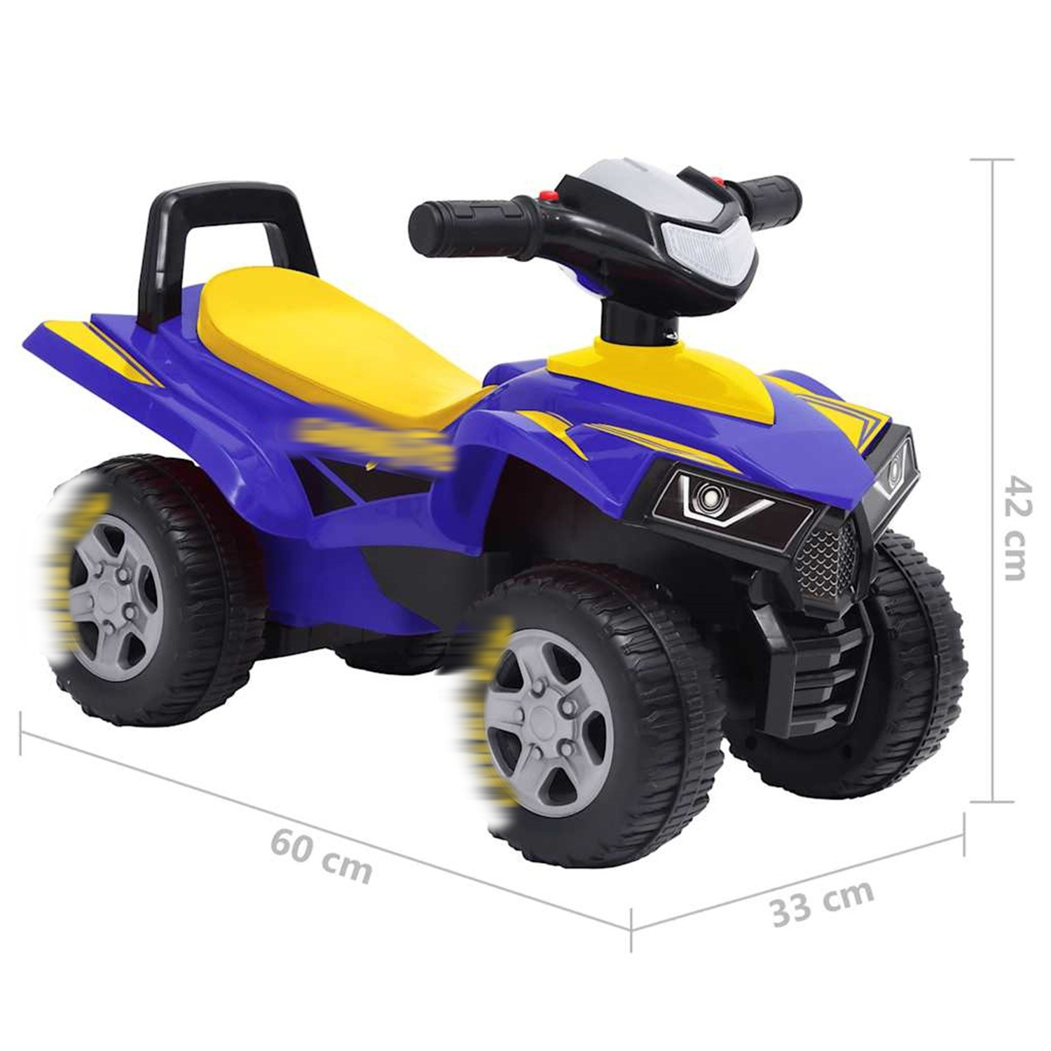 Blau-gelbes ATV-Spielzeug mit sich bewegenden Rädern, Griffen und einem Sitz. Abmessungen sichtbar.