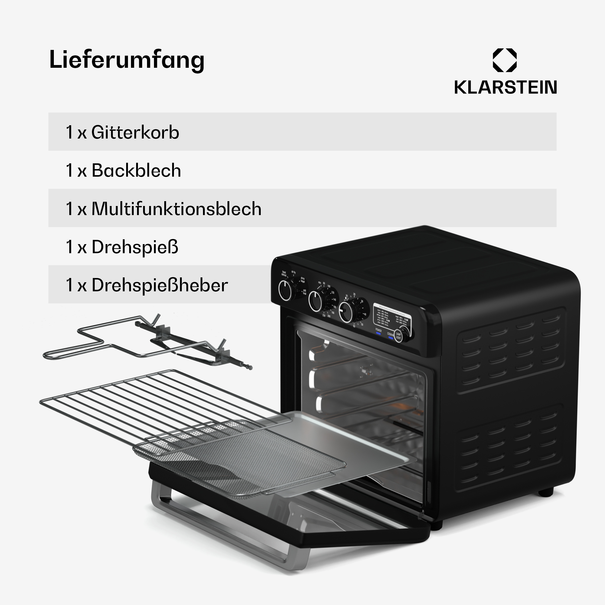Friggitrice ad aria nera con accessori inclusi. Testo: 'Lieferumfang'. Accessori: griglia e vassoio.