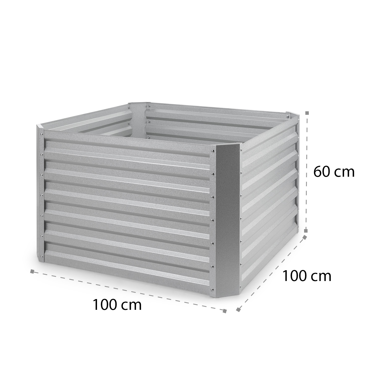 Silbernes Hochbeet aus Metall. Rechteckige Form, Maße 100x100x60 cm.