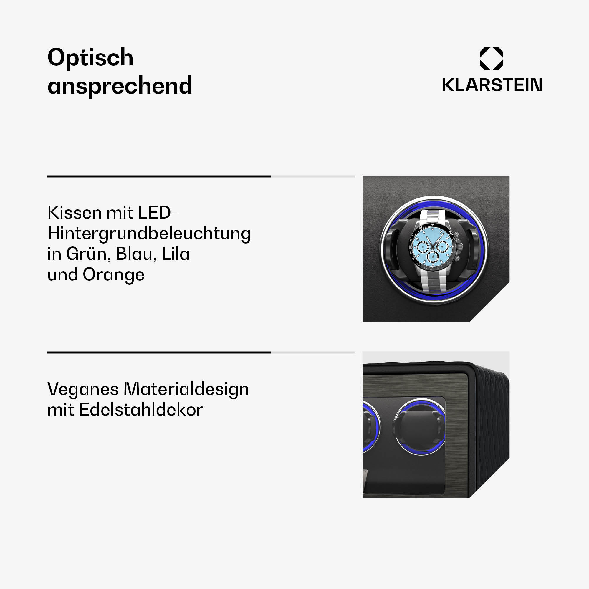 Uhrenbeweger mit Uhr, mit blauen und schwarzen Details.