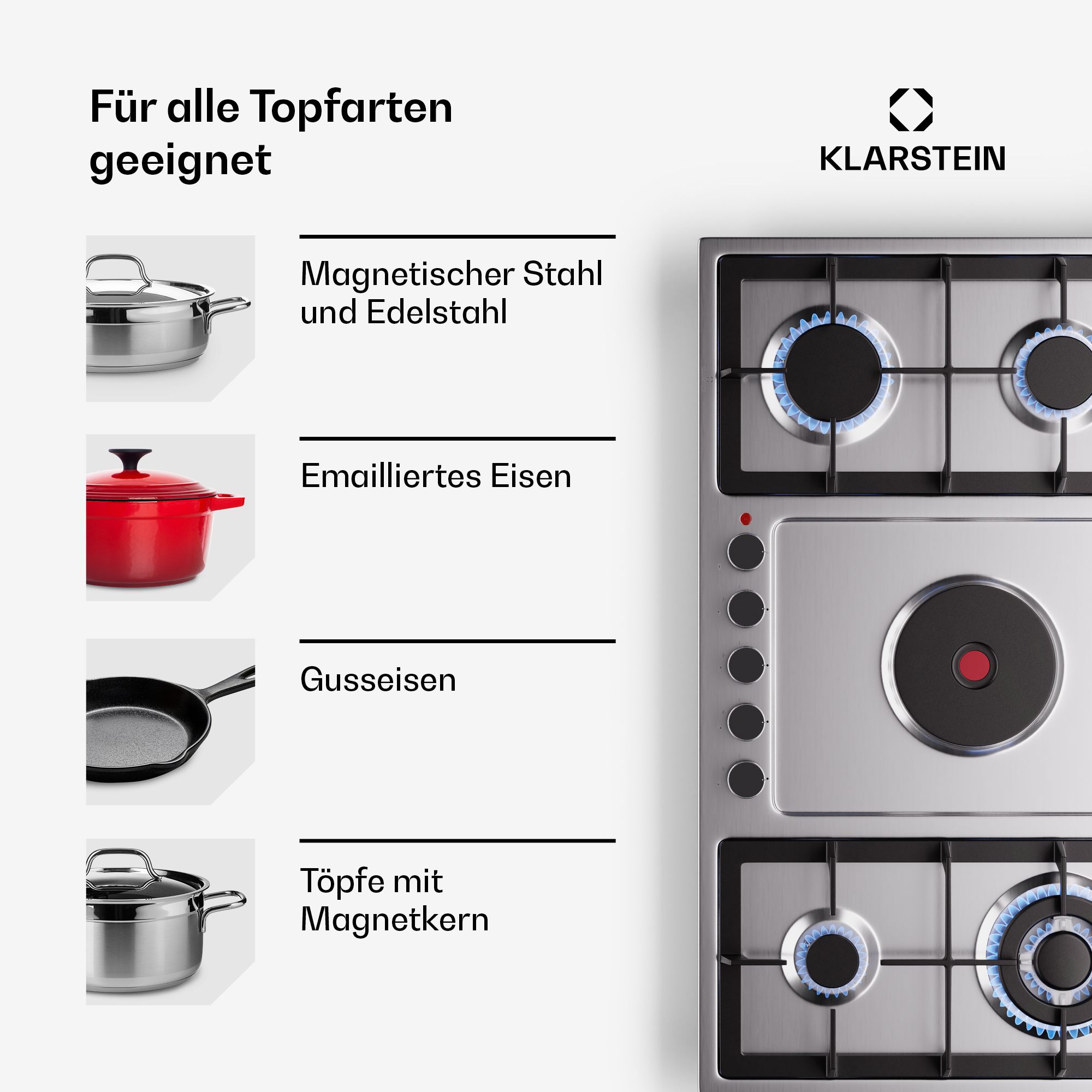 Gasherd aus Edelstahl mit Brennern und Töpfen. Enthält Symbole, die Topfarten zum Kochen zeigen.