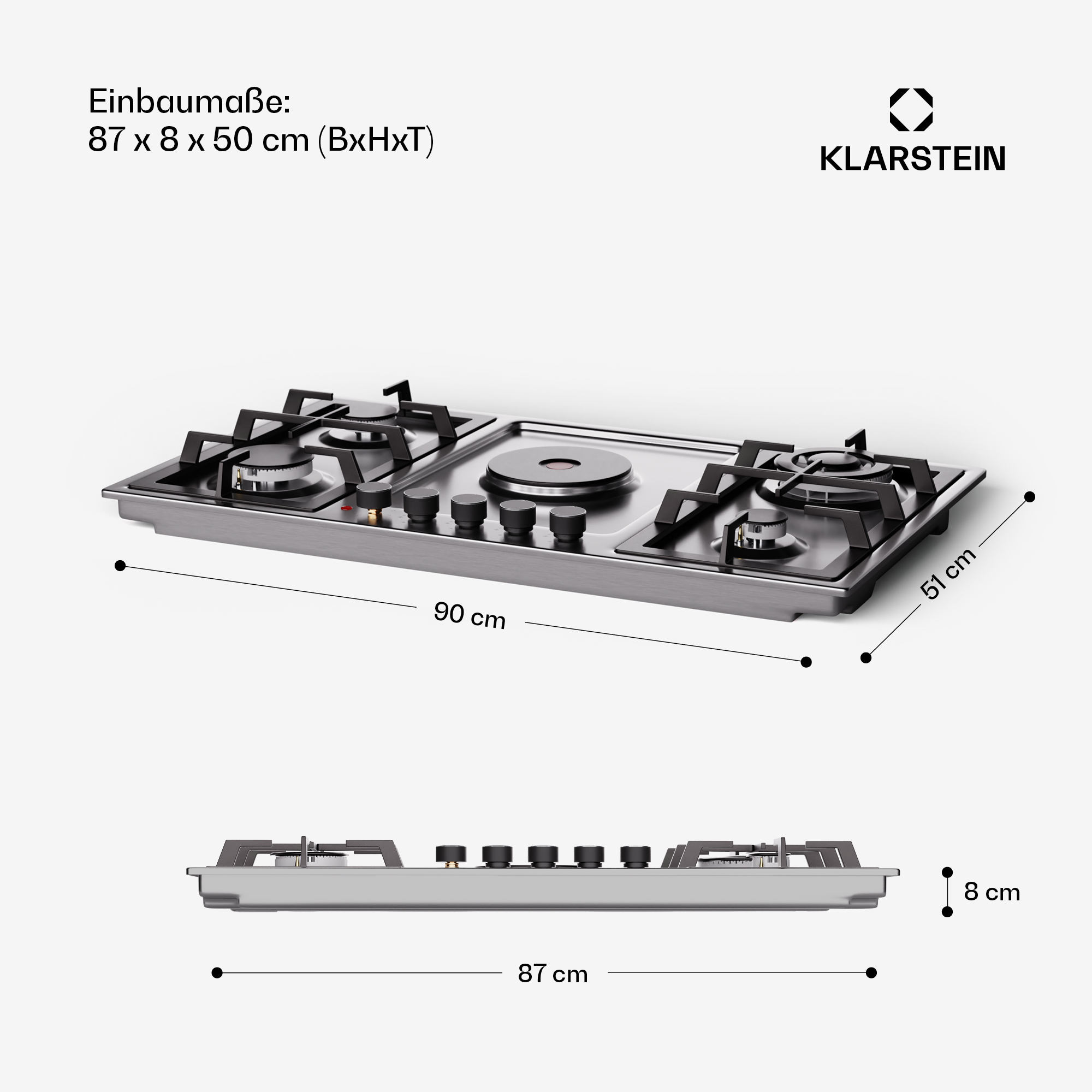 Edelstahl-Kochfeld mit Abmessungen. Es hat vier Brenner und Bedienknöpfe.