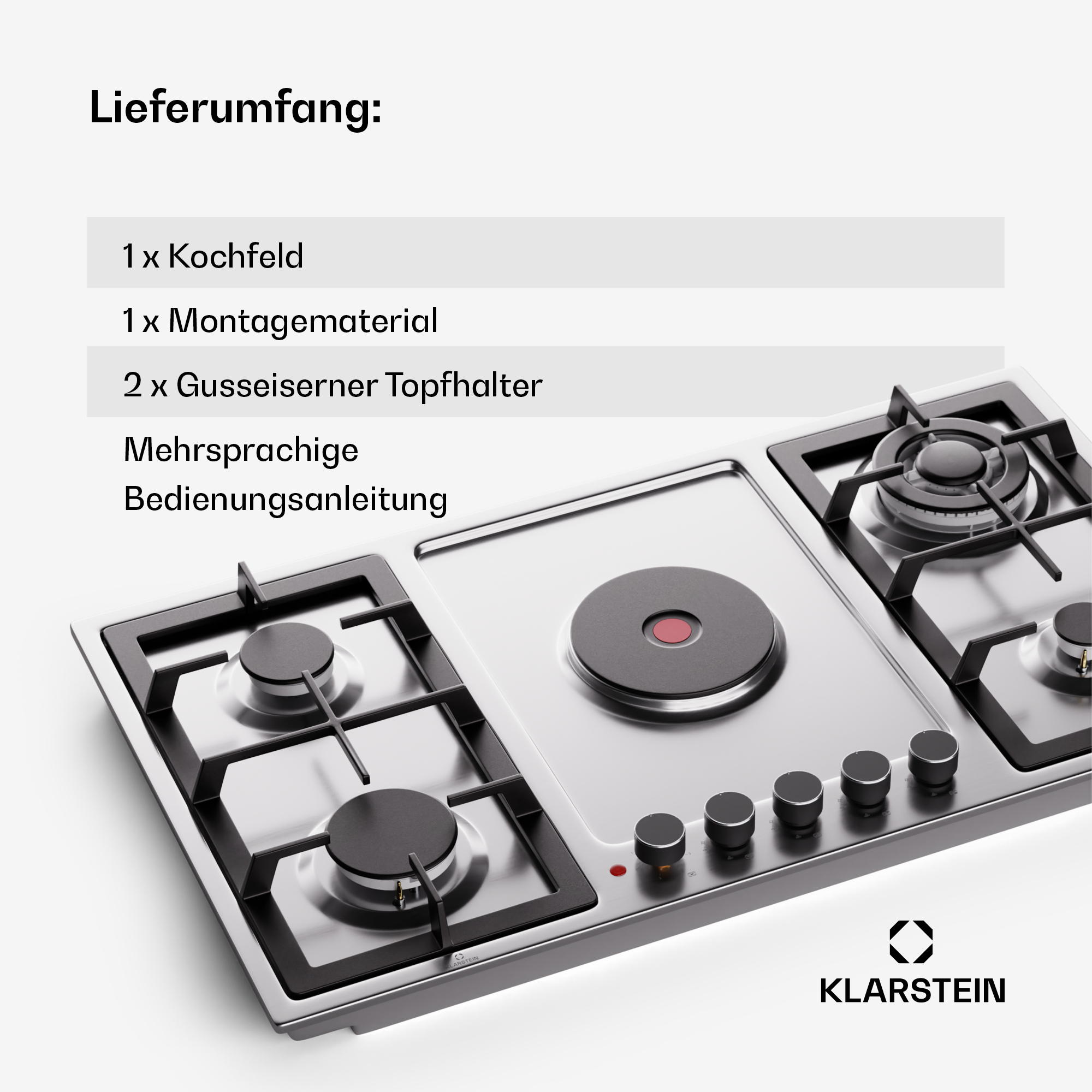 Edelstahl-Kochfeld mit drei Brennern und Kochplatte. Text auf Deutsch.