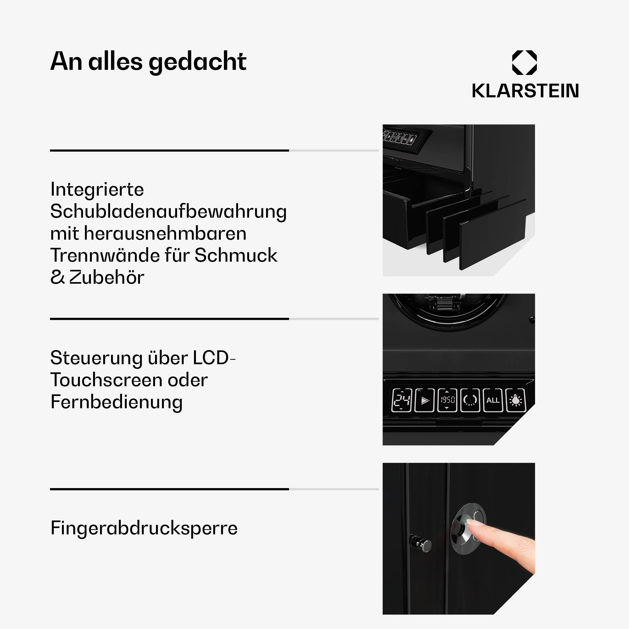 Infografik mit Text und Bildern zu einer schwarzen Schmuckbox und Features.