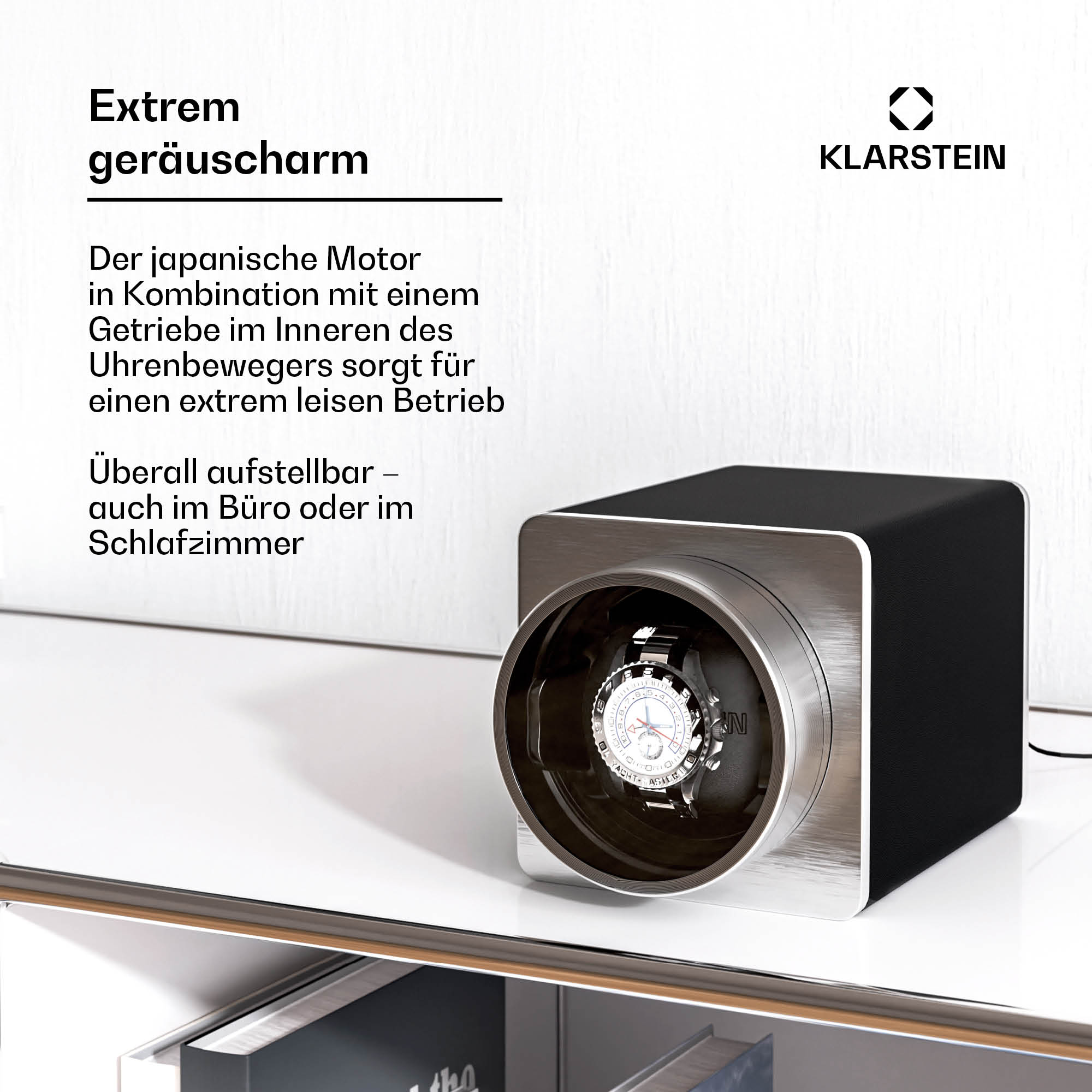 Eine Uhr auf einem Uhrenbeweger. Text: Extrem geräuscharm.