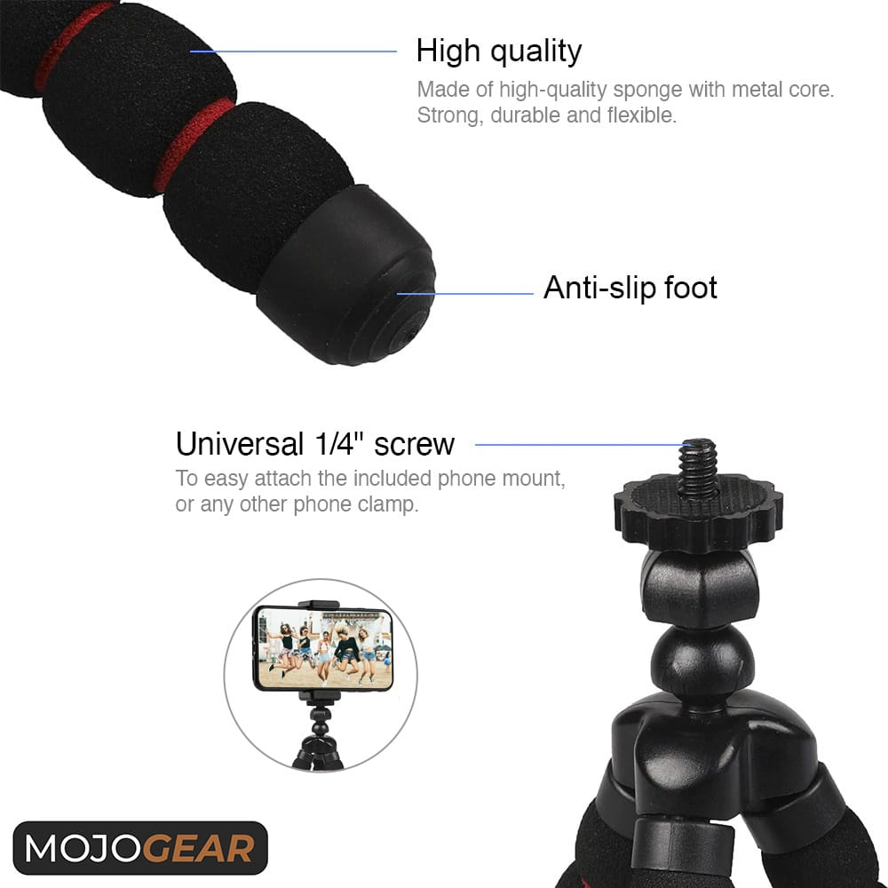 Tripod with phone mount, showing sponge sections, anti-slip foot, and screw details.
