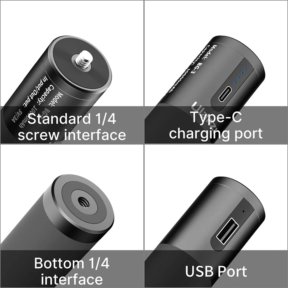 Vier zwarte cilindrische batterijen met teksten zoals Standaard, Type-C en USB-poort.