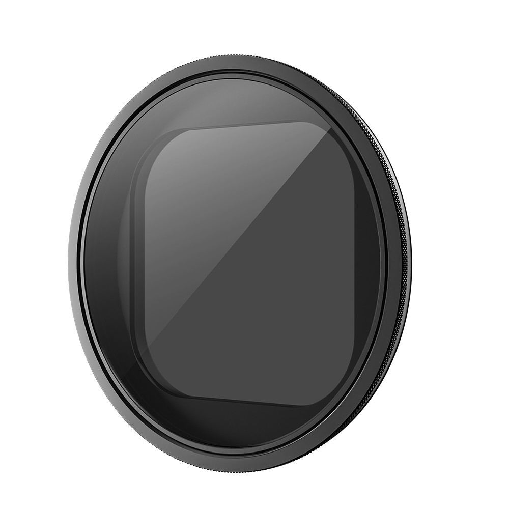 Zwart cameralensfilter, close-up, met tekstoverlay.