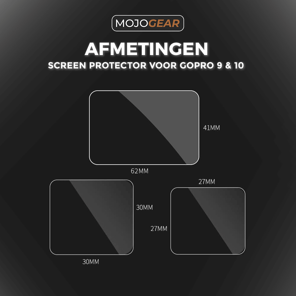 Diagram van schermbeschermers met afmetingen: 62x41mm, 30x27mm en 30x27mm.