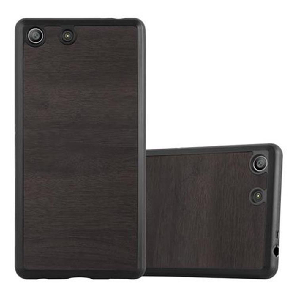 Dos fundas de teléfono de grano de madera oscura. Dos cámaras cada una. Bordes negros. Fondo blanco.