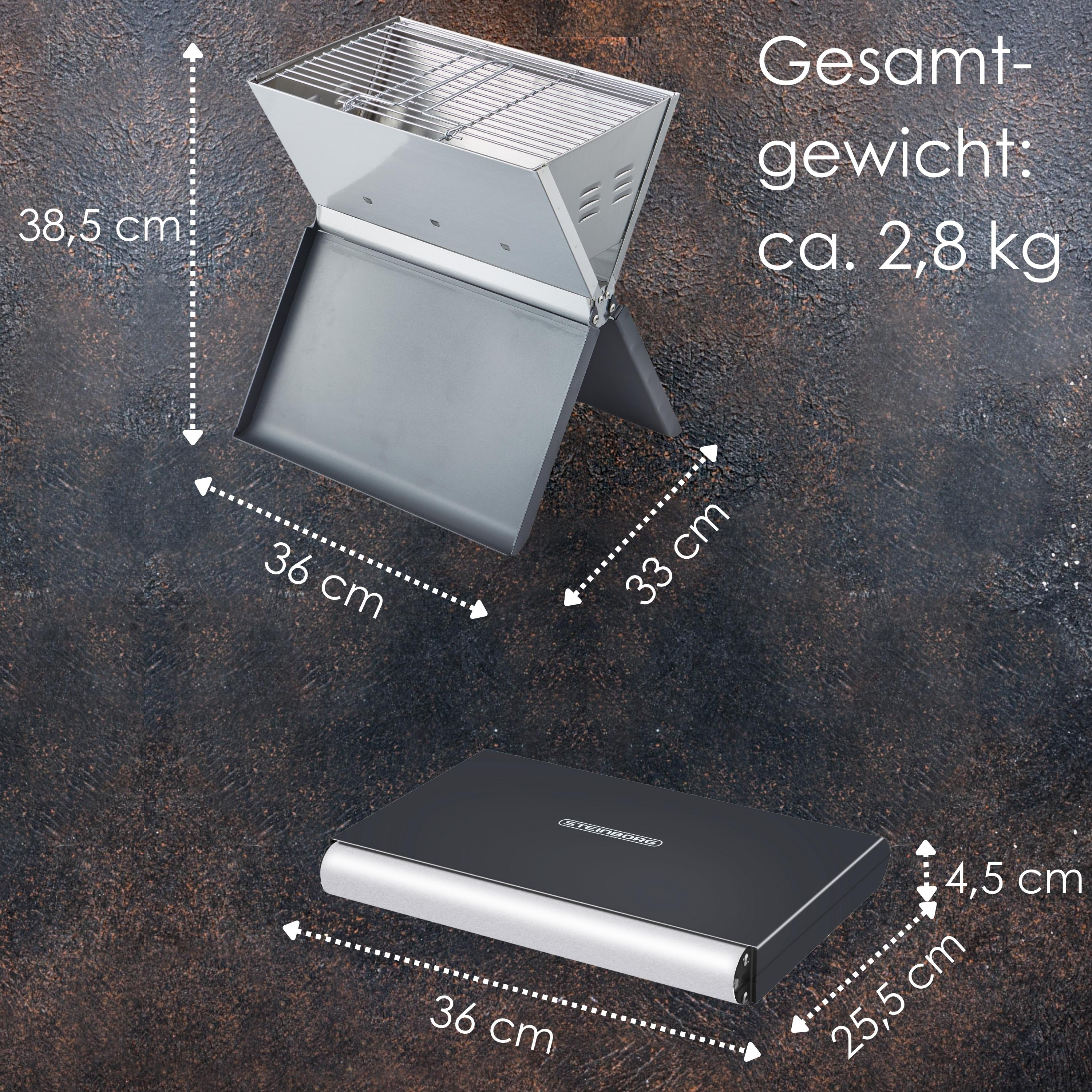 Ein kleiner tragbarer Grill. Er ist aus Metall und hat ein zusammenklappbares Design.