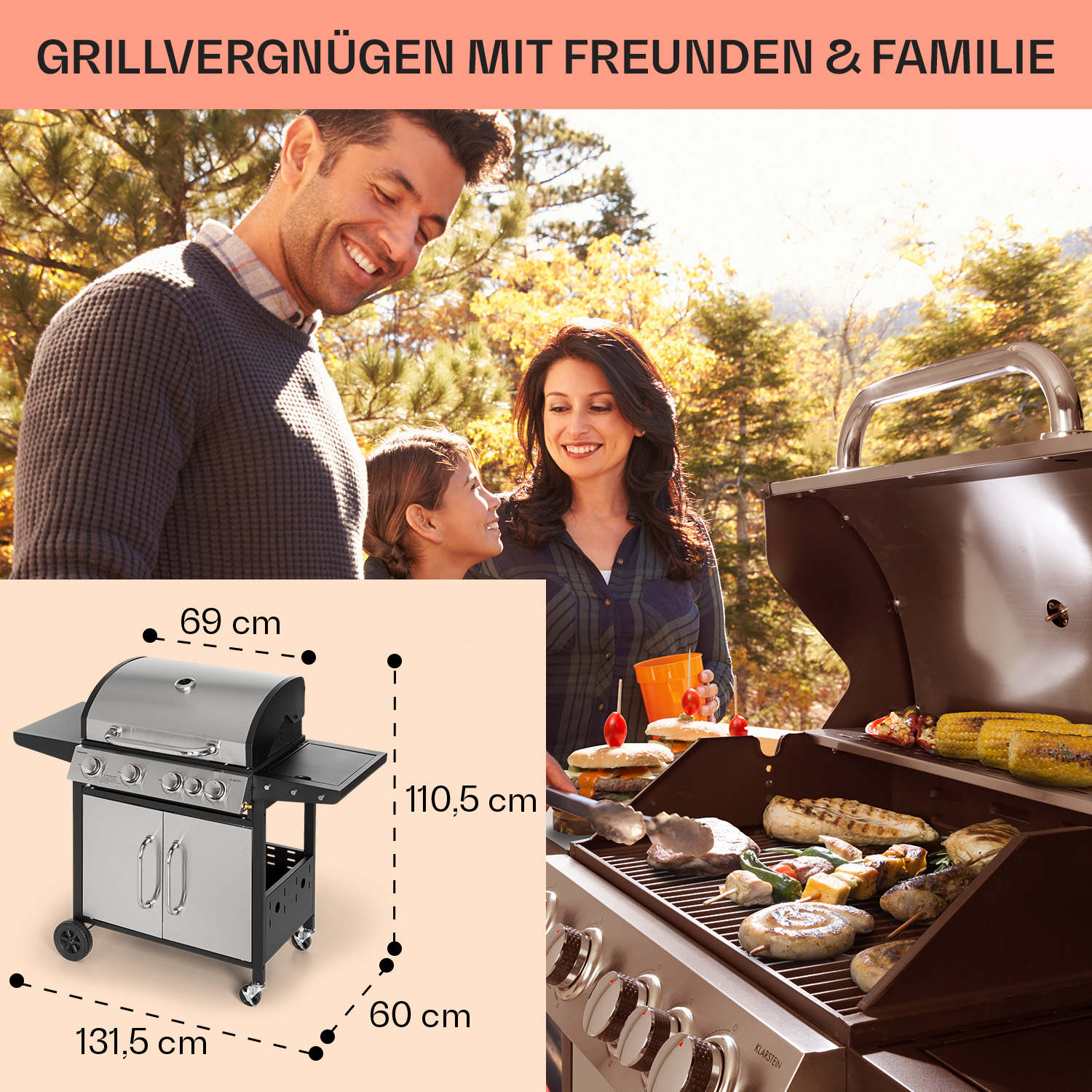 Familie grillt im Freien. Ein großer Grill mit Essen und Abmessungen. Menschen lächeln und interagieren.