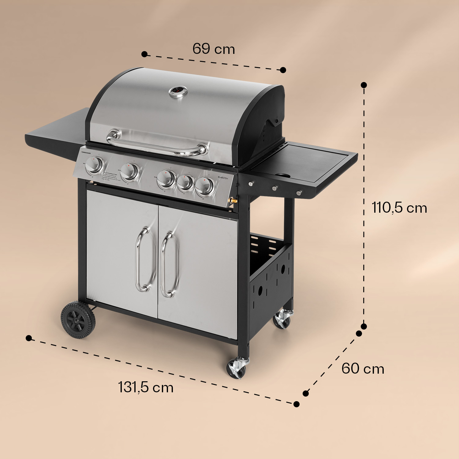 Edelstahlgrill mit schwarzen Akzenten und Maßangaben (69cm, 131,5cm, 110,5cm, 60cm).