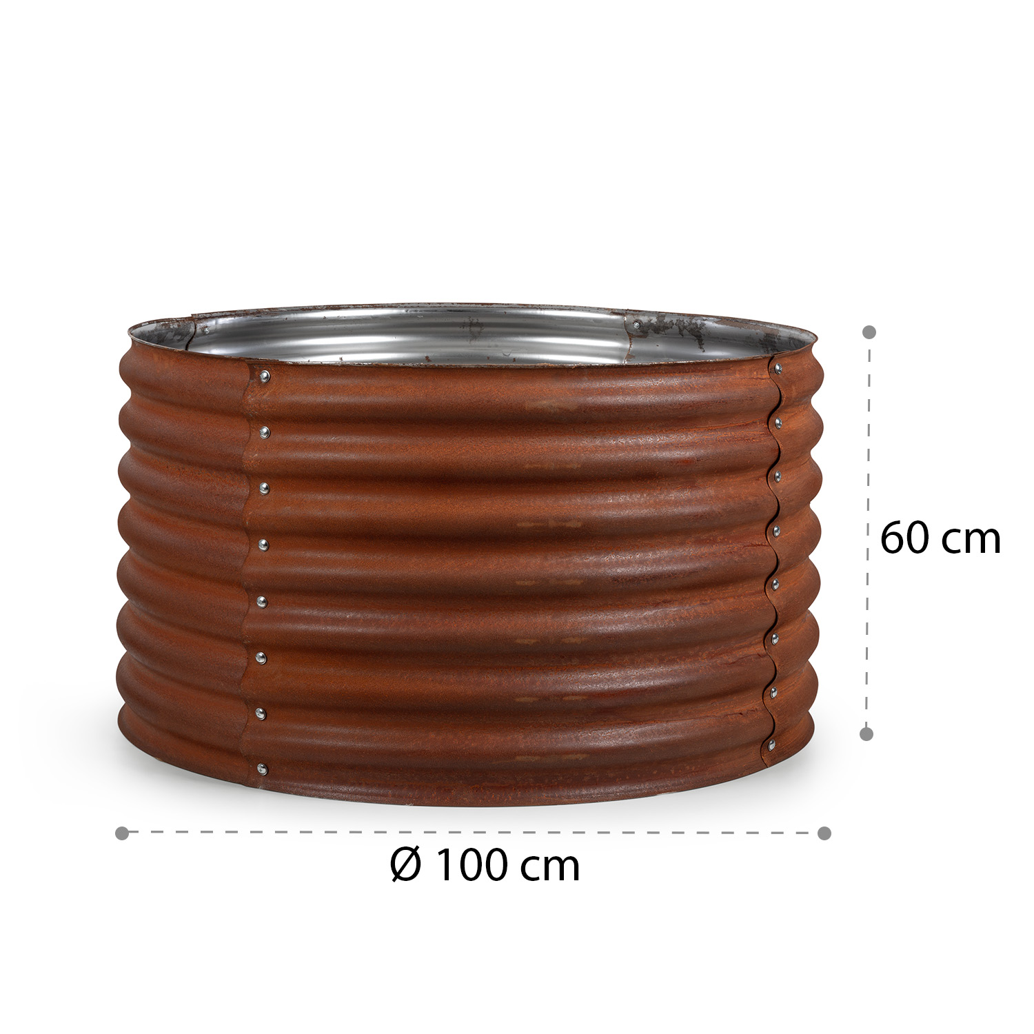 Runder, rostiger Metallpflanzer mit Nieten. Durchmesser- und Höhenmaße sind beschriftet.