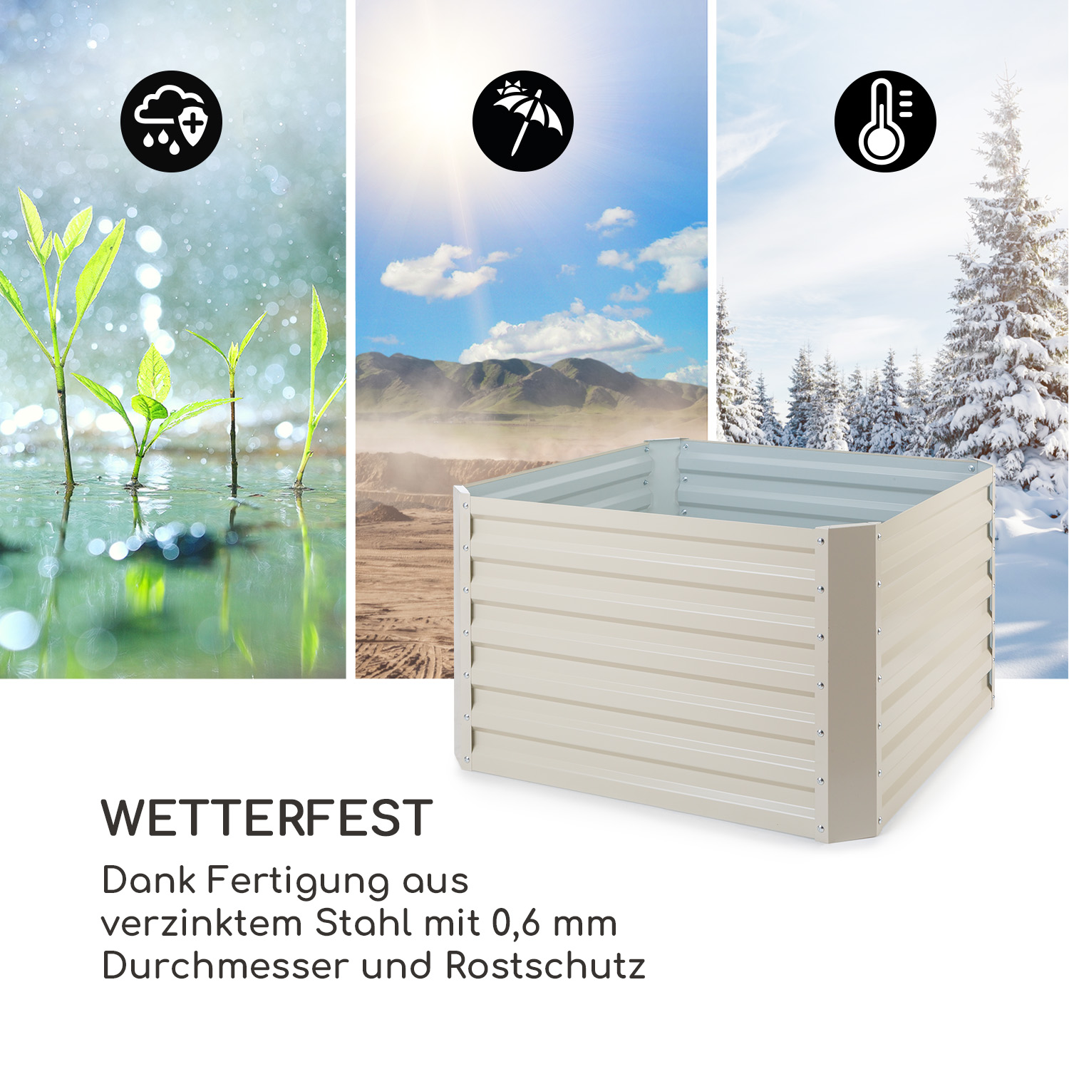 Erhöhtes Hochbeet mit Wettersymbolen. Weißer und beigefarbener Hintergrund.