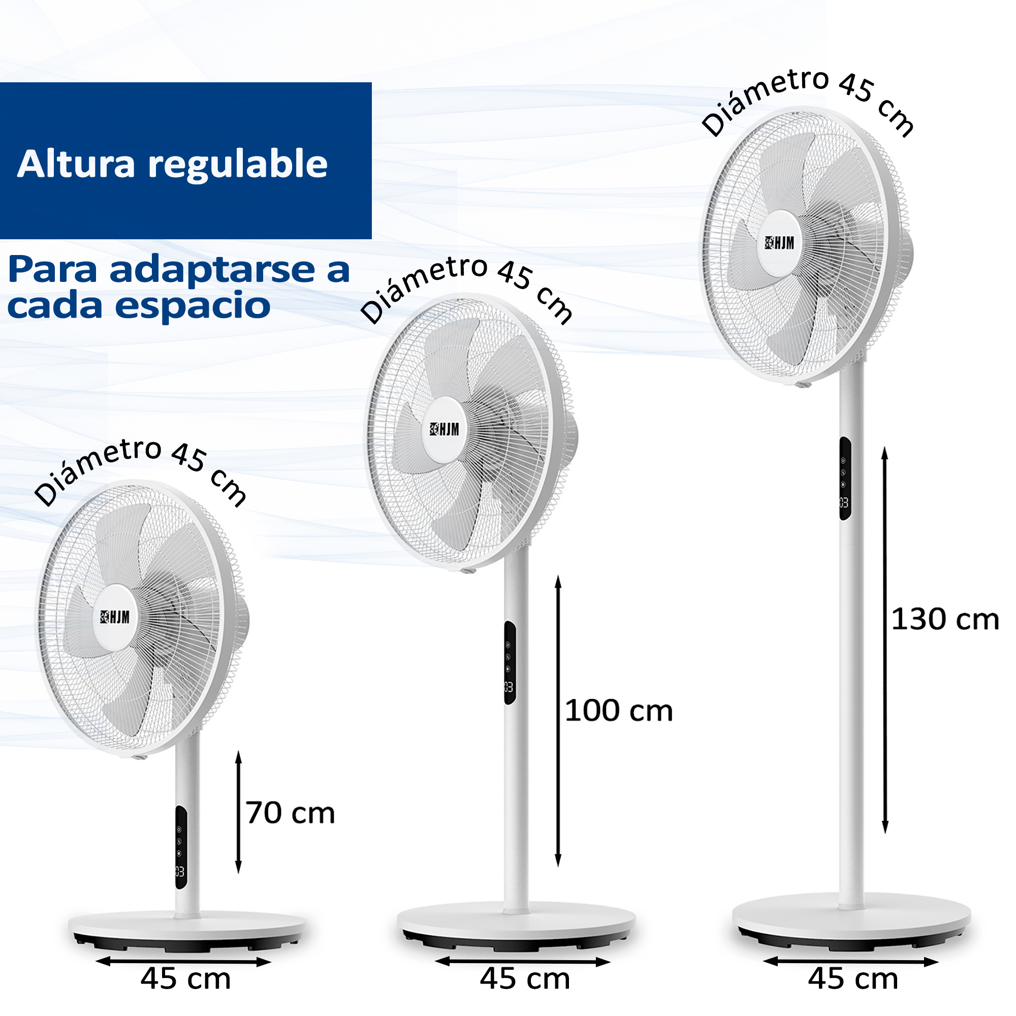 Ventiladores blancos en soportes ajustables. Dimensiones: 45cm diámetro, 70-130cm altura.
