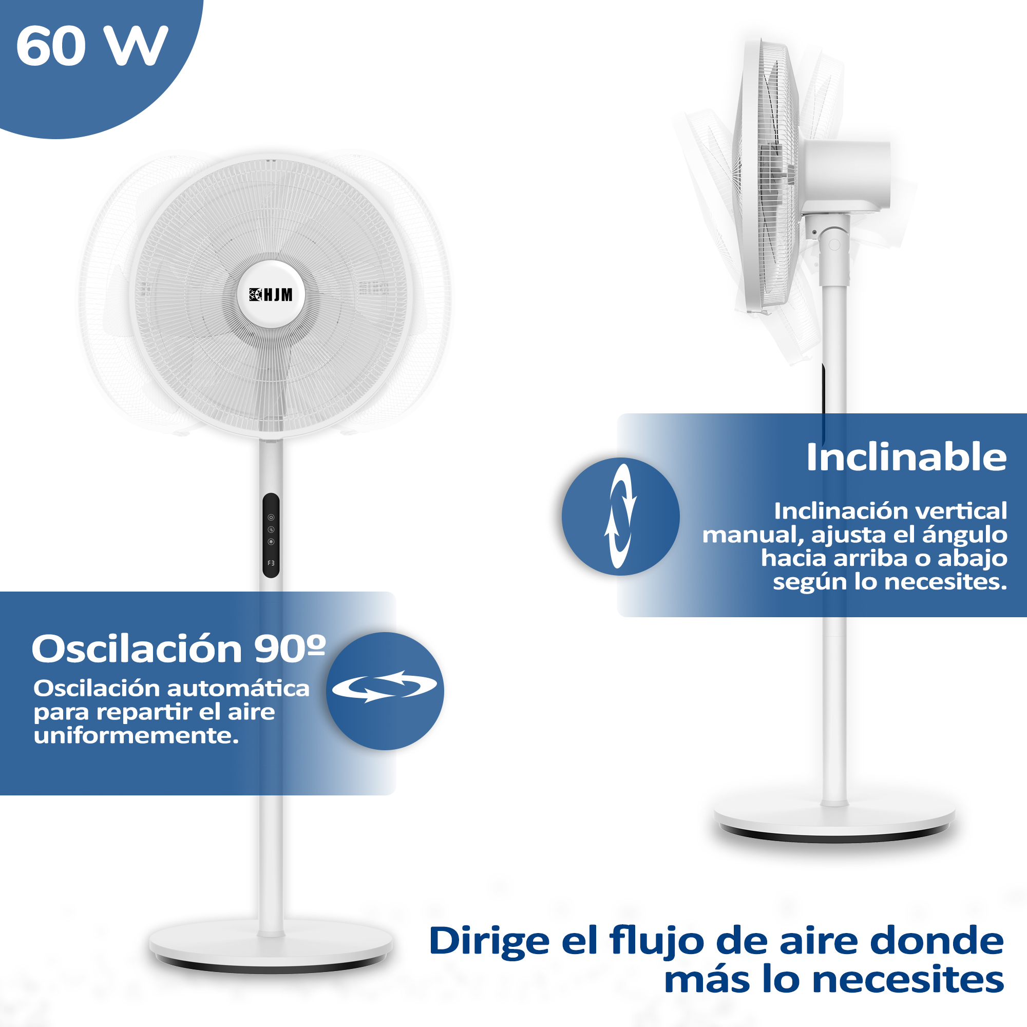 Ventilador de pie blanco con dos diagramas que muestran opciones de oscilación e inclinación vertical. Texto en español.