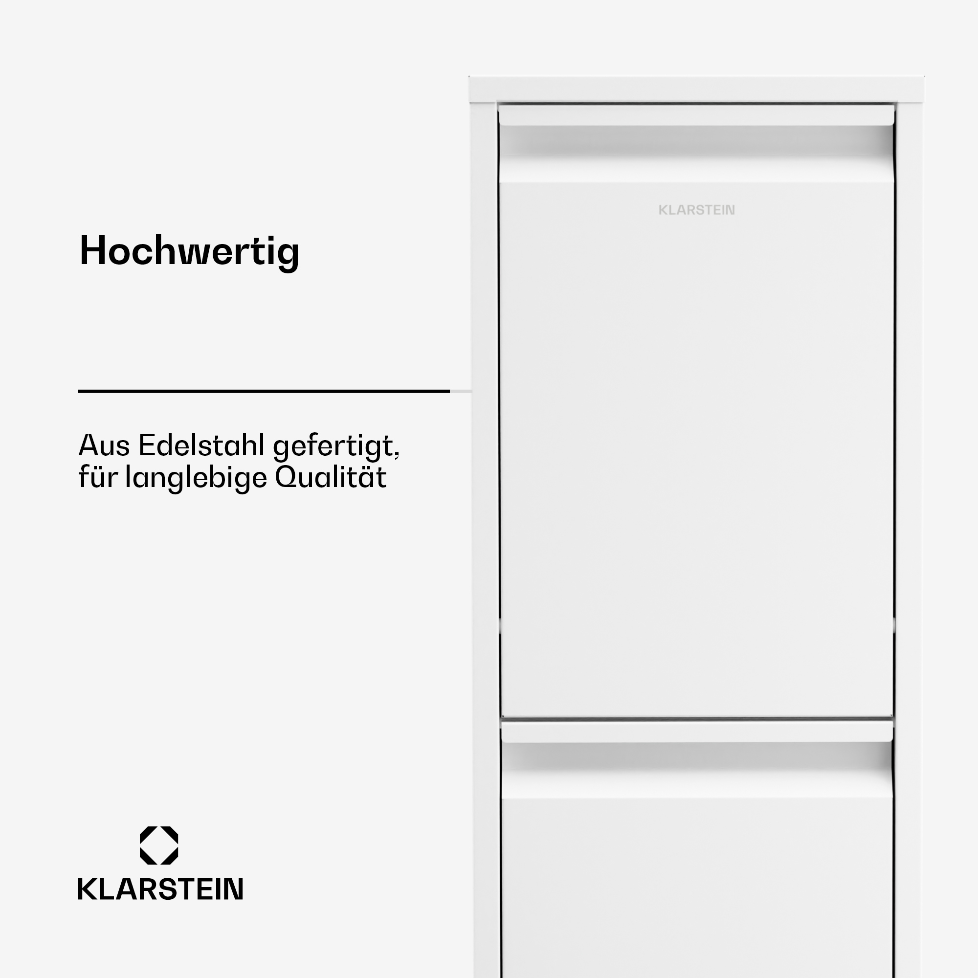 Un mobile da cucina bianco con due cassetti. La parola 'Hochwertig' è in alto. Il marchio 'KLARSTEIN' è presente.