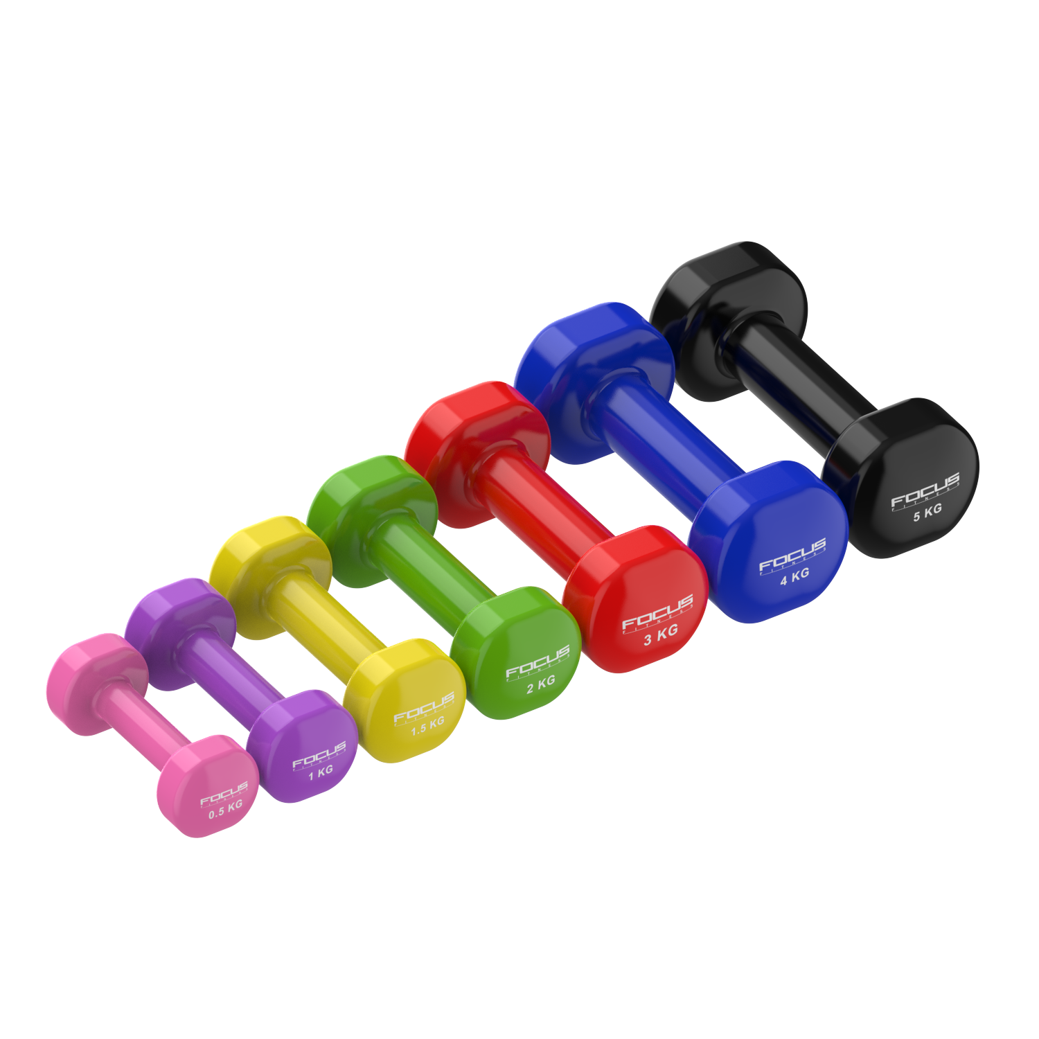 A row of colorful dumbbells ranging from pink to black, each labeled with its weight.