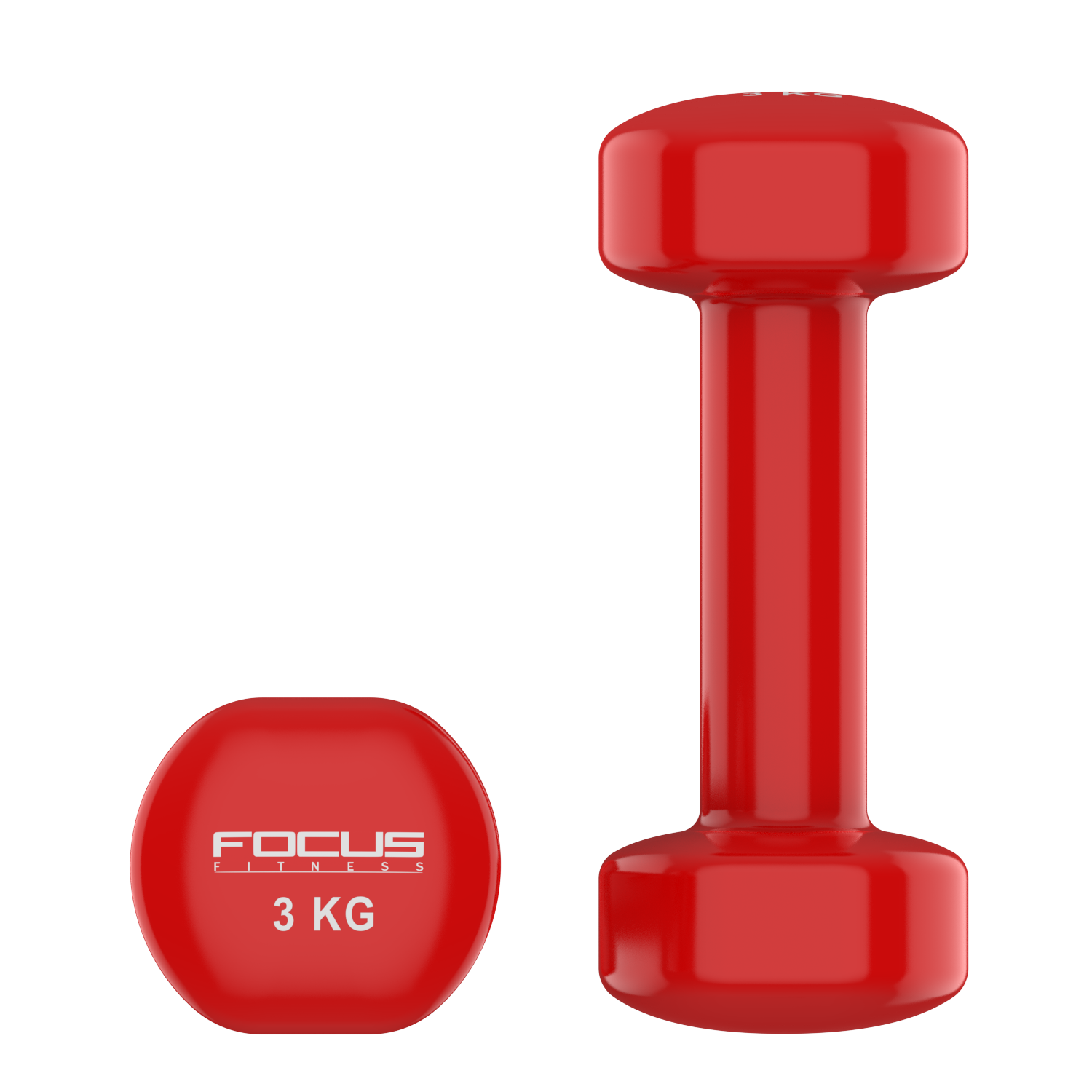 Two red dumbbells, one upright, and the other with the weight label in view.