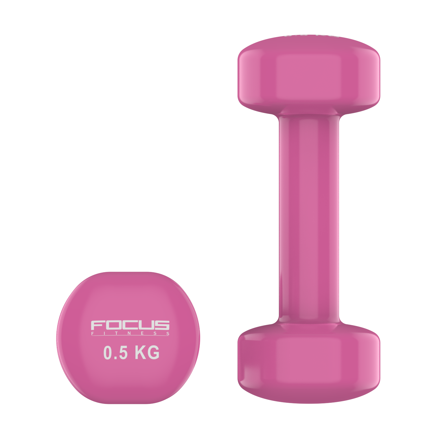 Pink dumbbell and a weight with Focus Fitness logo and 0.5 KG text on a white background.