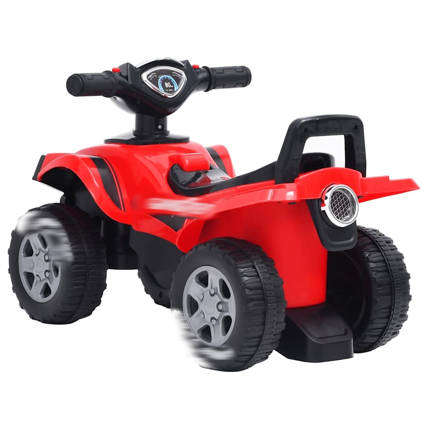 Rotes und schwarzes Spielzeug-ATV mit Bewegungsunschärfe auf den Rädern, vor weißem Hintergrund.