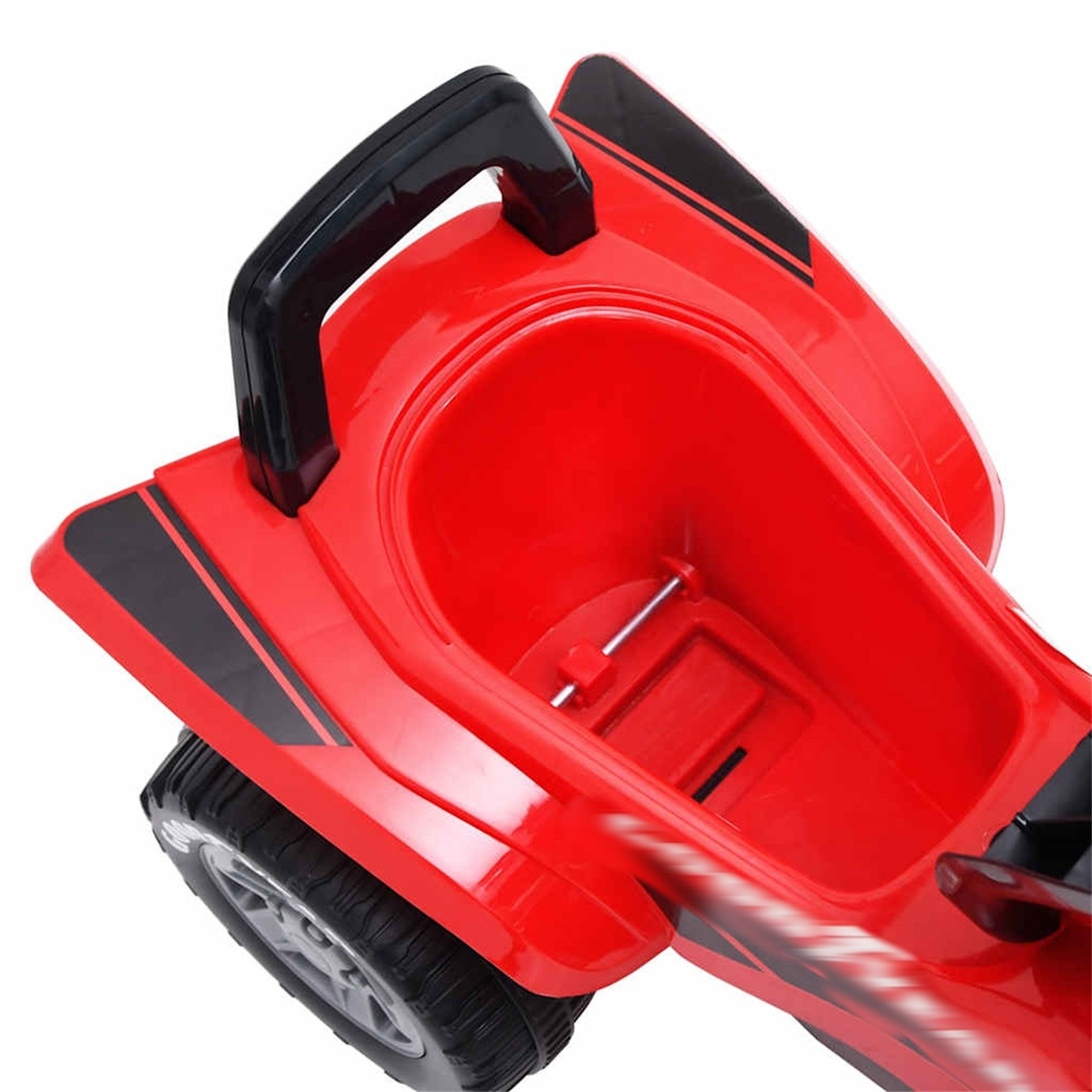 Ein rotes Spielzeugauto mit schwarzem Griff und schwarzen Streifen oben, sowie Stauraum.
