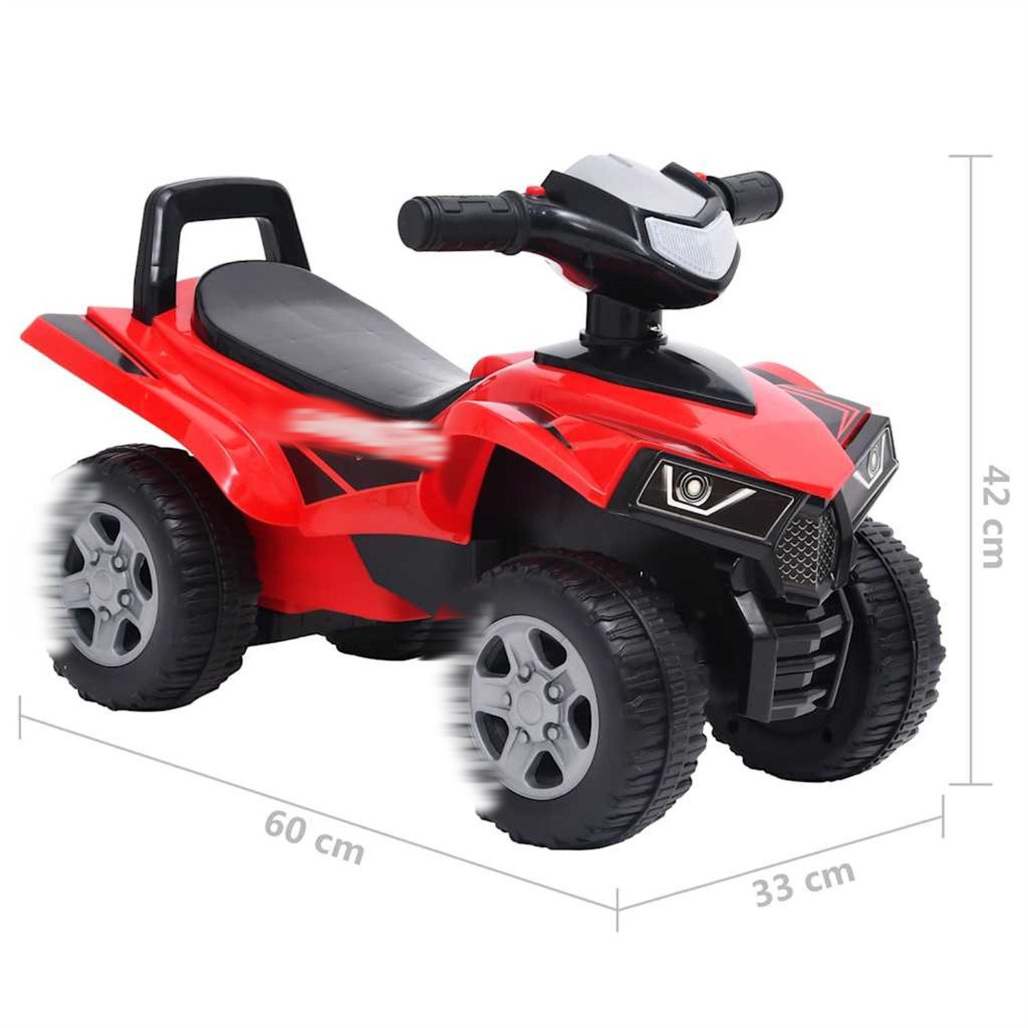 Rotes ATV-Spielzeug mit schwarzen Rädern und schwarzen Akzenten, Abmessungen sichtbar. Kinderspielzeug.