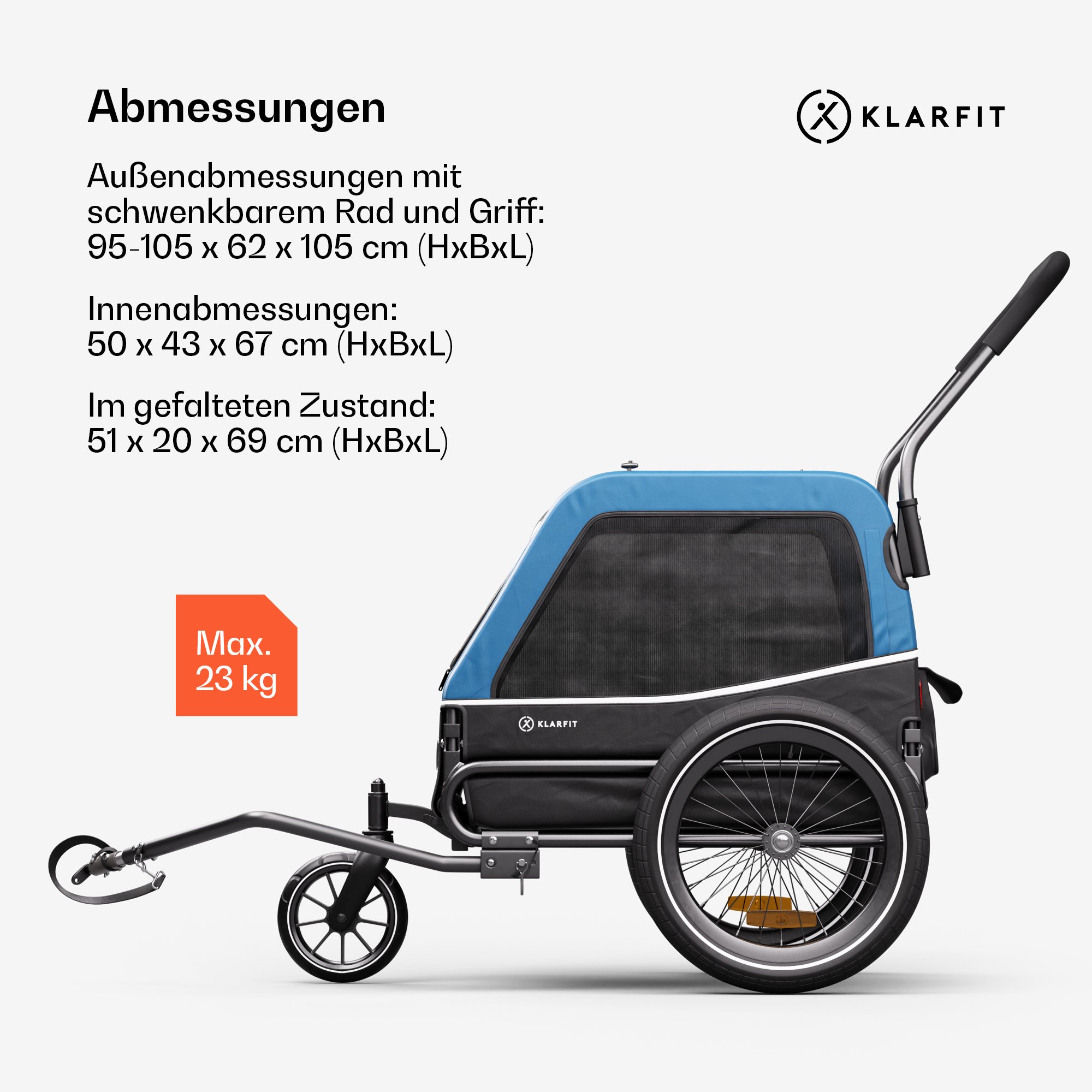 Blauer und schwarzer Haustieranhänger. Hat einen Griff, zwei Räder, ein blaues Stoffverdeck und Abmessungen.