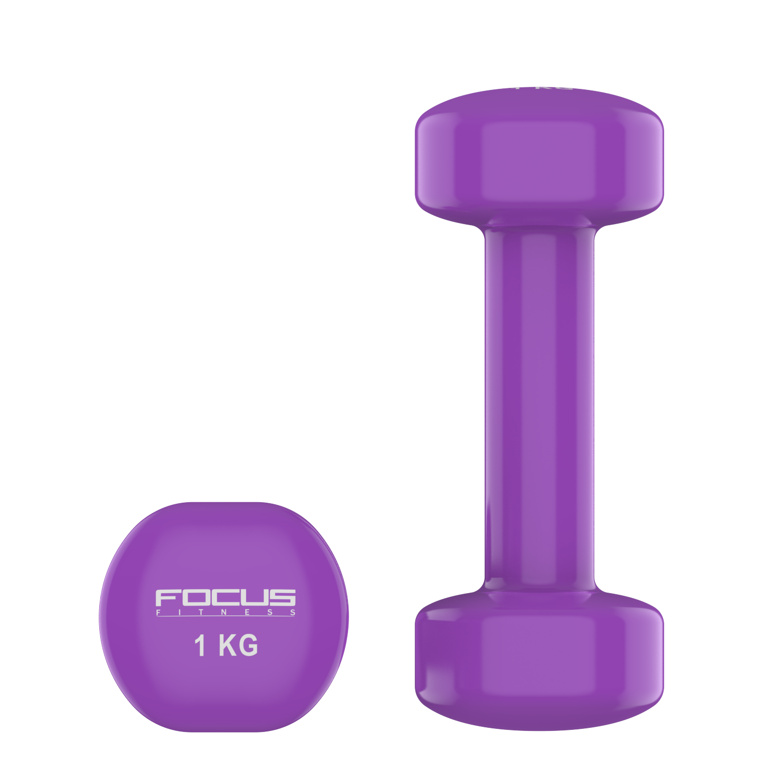 A purple dumbbell, with a matching disc weight with the text "FOCUS FITNESS 1 KG" on a white background.