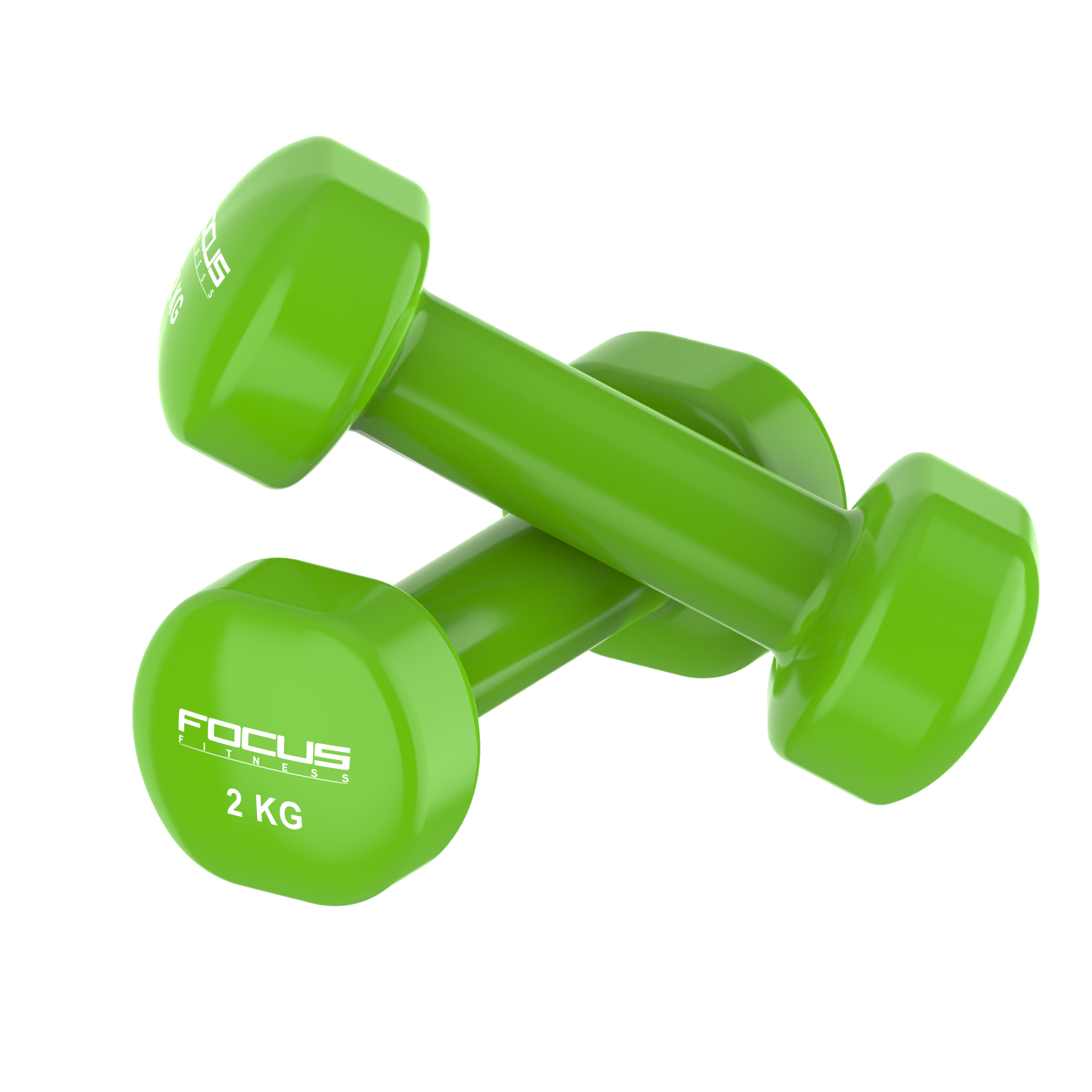 Two green dumbbells, marked 'Focus Fitness 2 KG', are on a white background, slightly overlapping.
