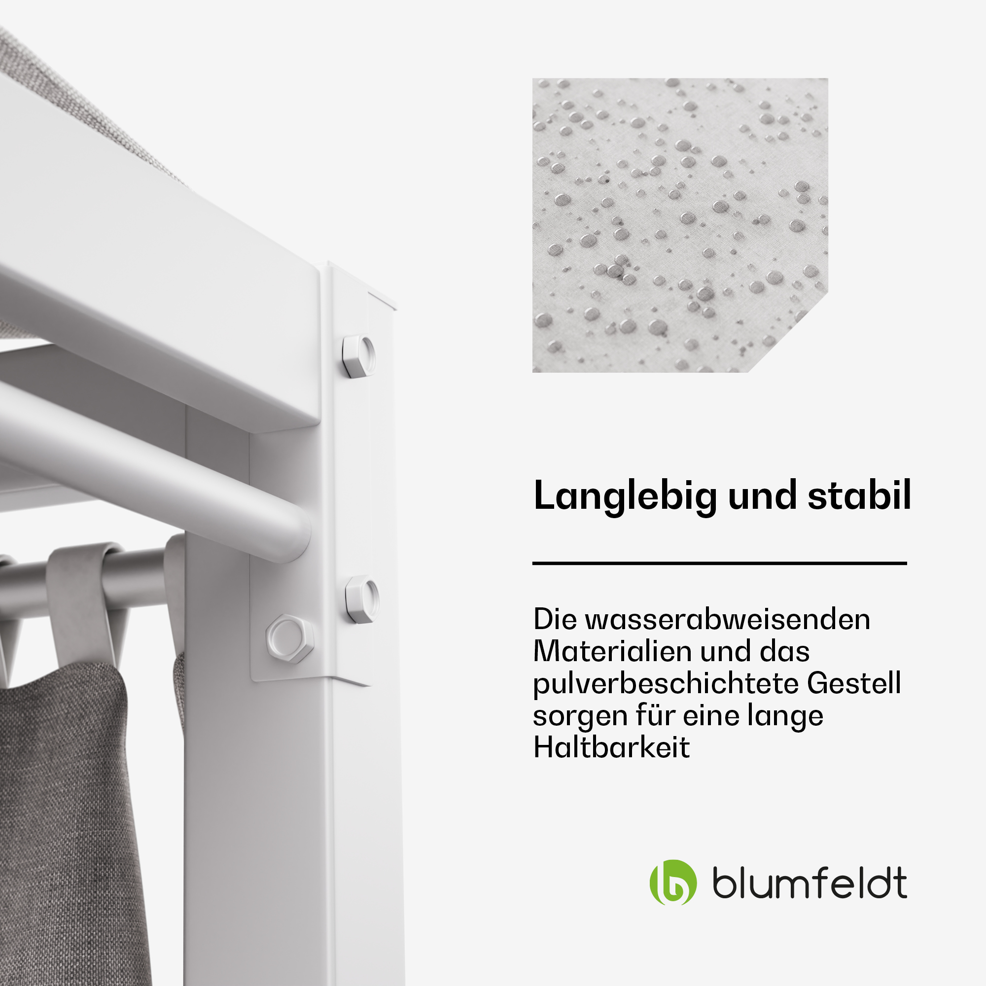 Estructura metálica blanca con un primer plano de un material repelente al agua, texto: Duradero y estable.