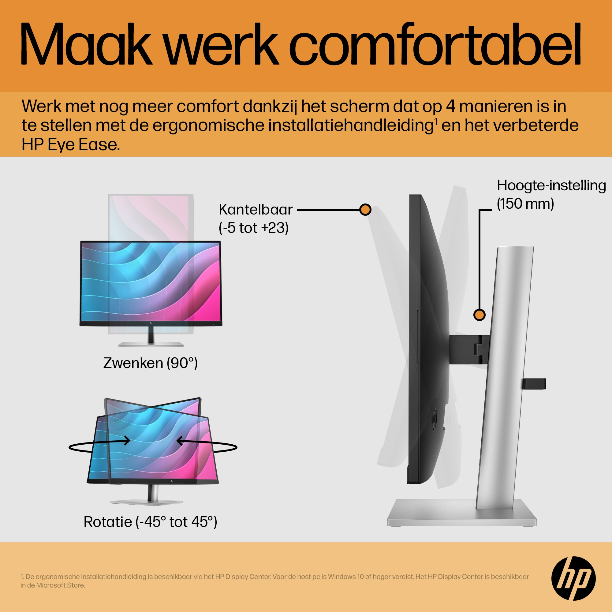 Schemat monitora HP z regulowanymi funkcjami. Pokazuje opcje pochylania, obracania i regulacji wysokości.